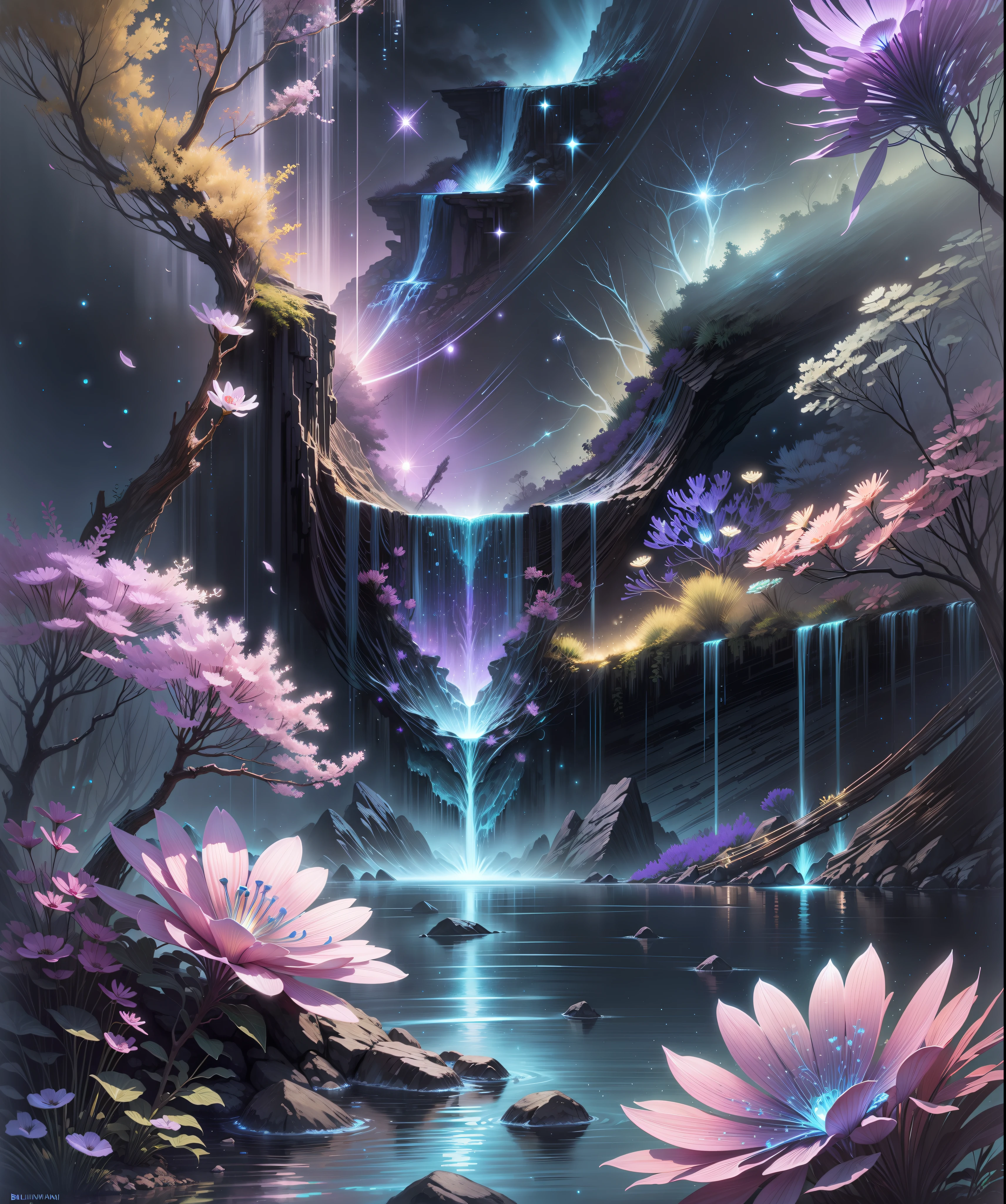 bioluminescence, waterfall, flowers, starry sky