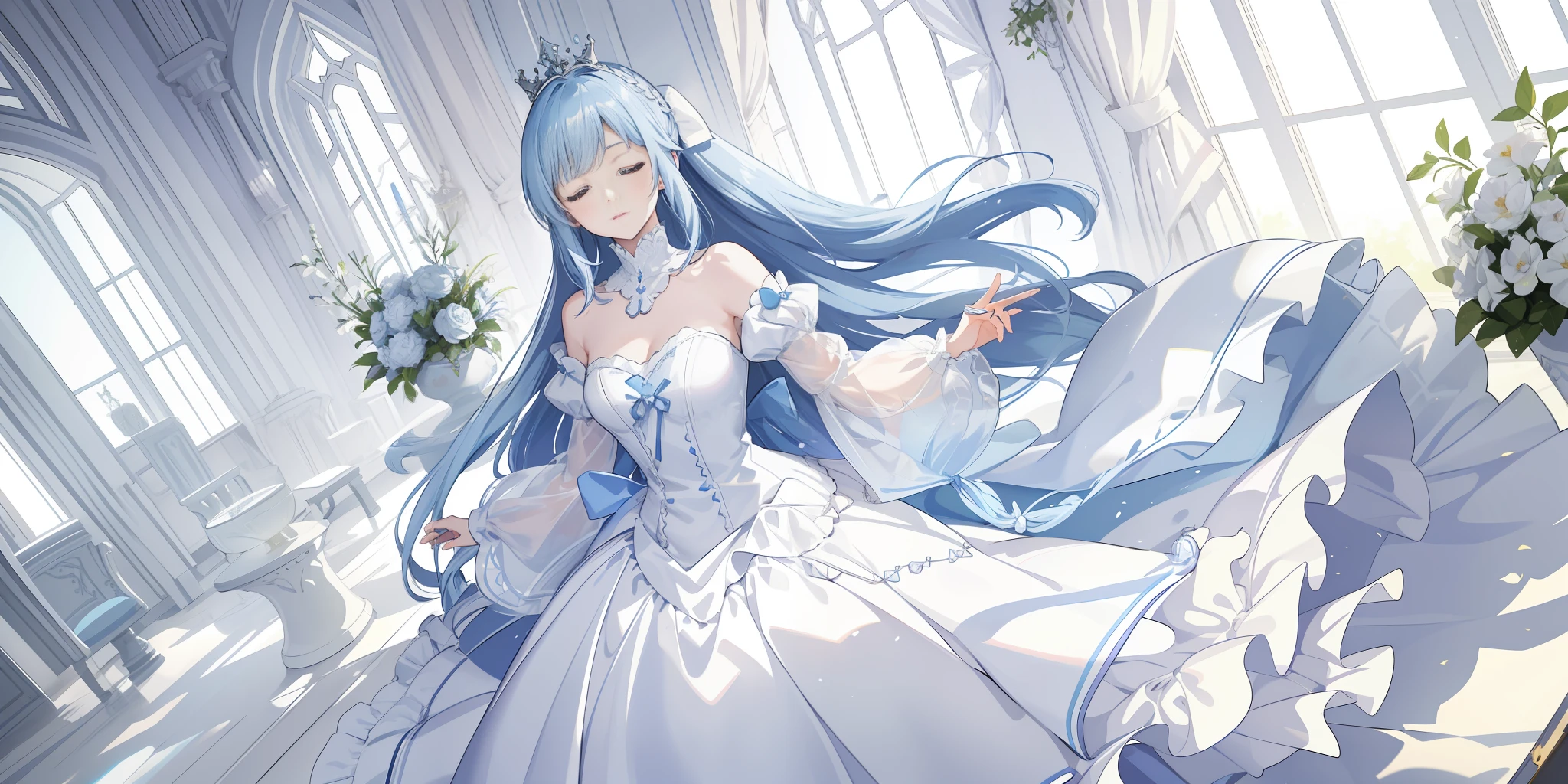Closed eyes,Pale skin,blue_hair,Light blue hair,Very long hair ,Side ponytail,Hair bow,collarbone,Lying,Crown,dress ,white dress,off-shoulder dress,strapless dress,long sleeves,white sleeves,ribbon-trimmed sleeves,puffy detached sleeves,puffy long sleeves,high heels,morning,dawn,in summer,Contre-Jour,Beautiful Lighting,Illustration,style of a anime,style of El Cazador de la Bruja,highres,artbook,Blue theme,solo