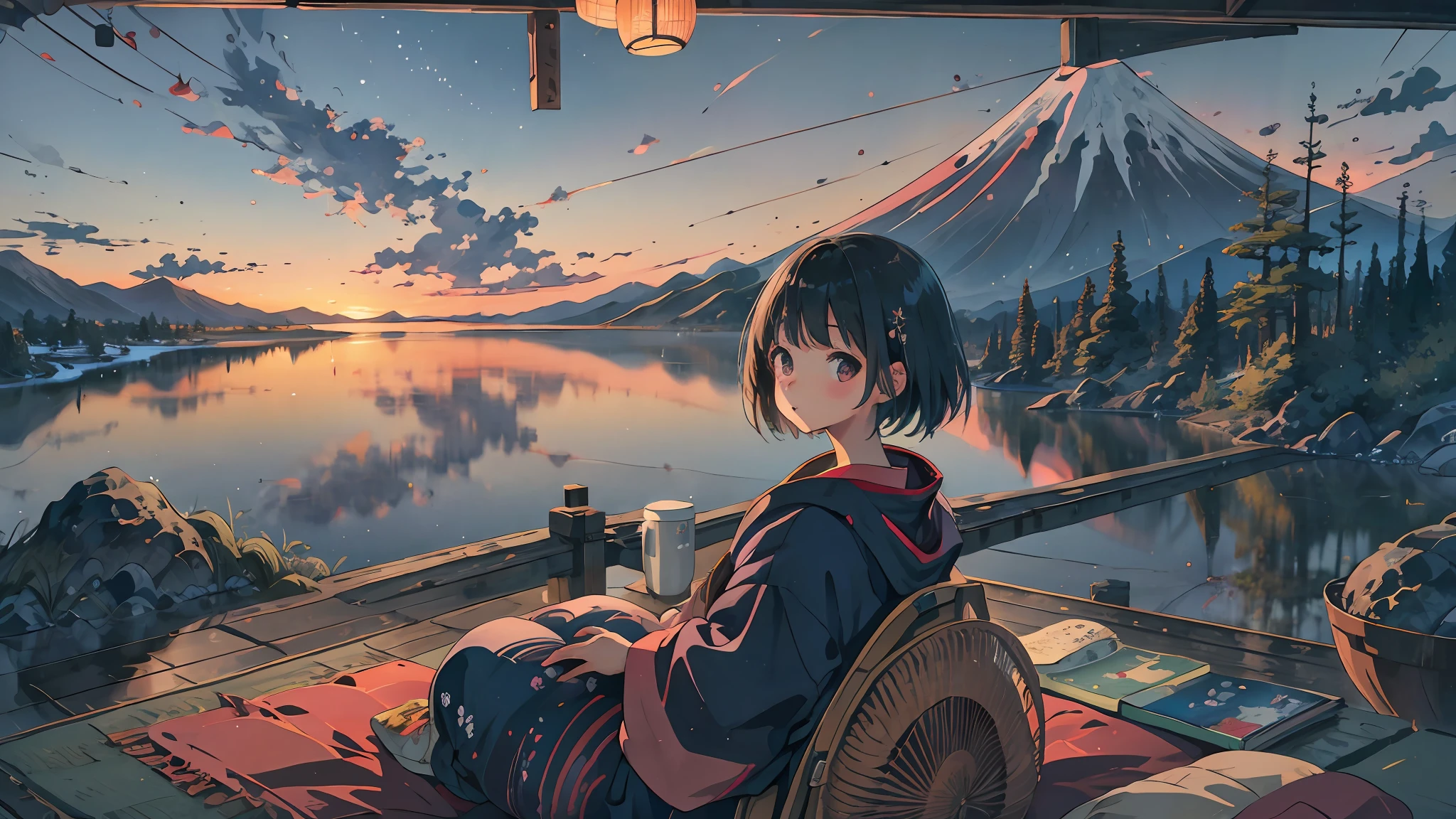 best quality, masterpiece, extremely detailed, detailed background, anime, 1girl, young girl, short girl, kimono, retro, mount fuji lansdscape, outdoors, sunset, beautiful sky, lake picnic, landscape, scenery, horizon, mountain sitting near mountain, wind, looking away, atmospheric lighting, solo focus, close up, from side, depth of field, bokeh