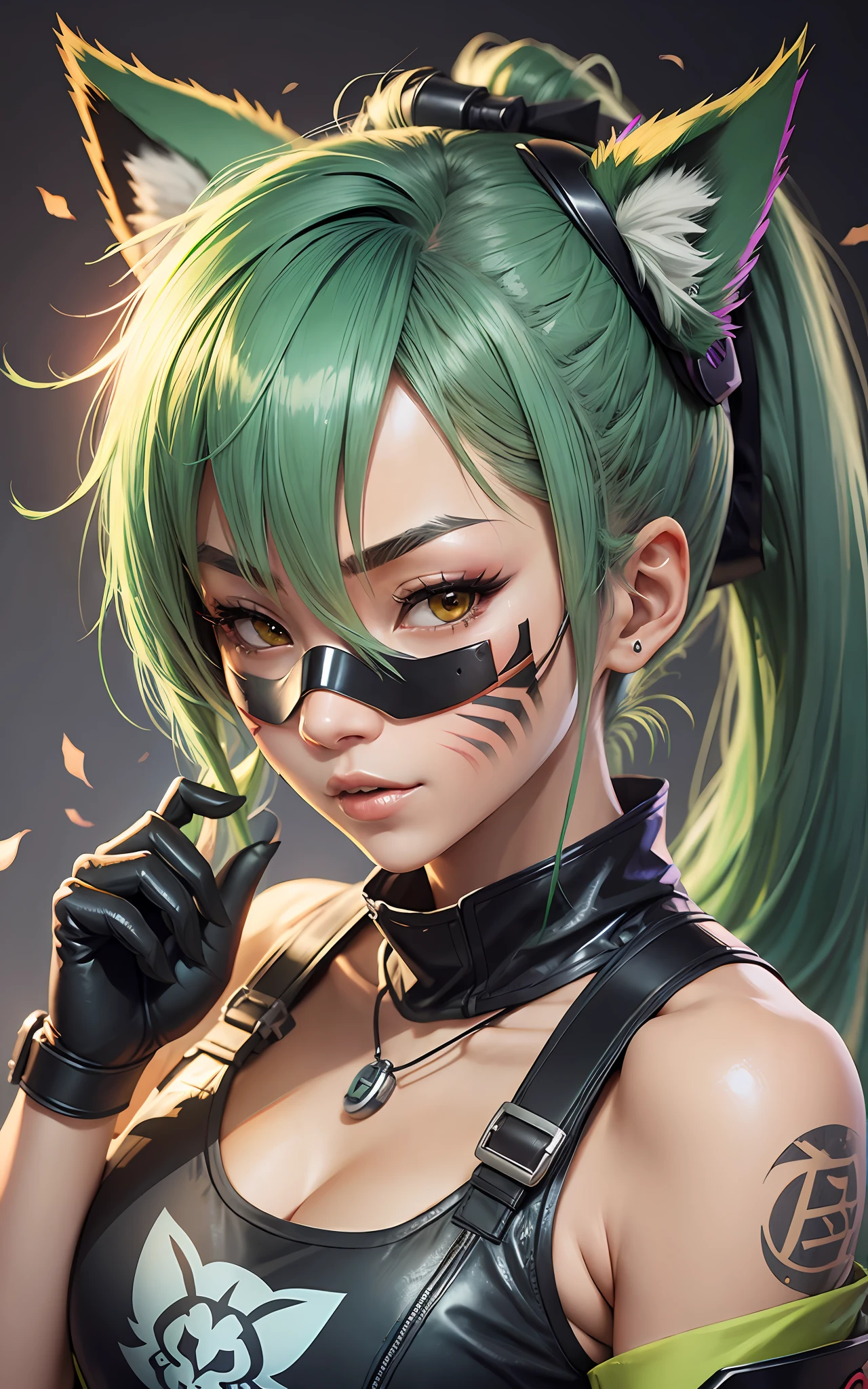 kiriko \(overwatch\), green hair, ponytail, facial mark, fox mask, half mask --auto --s2