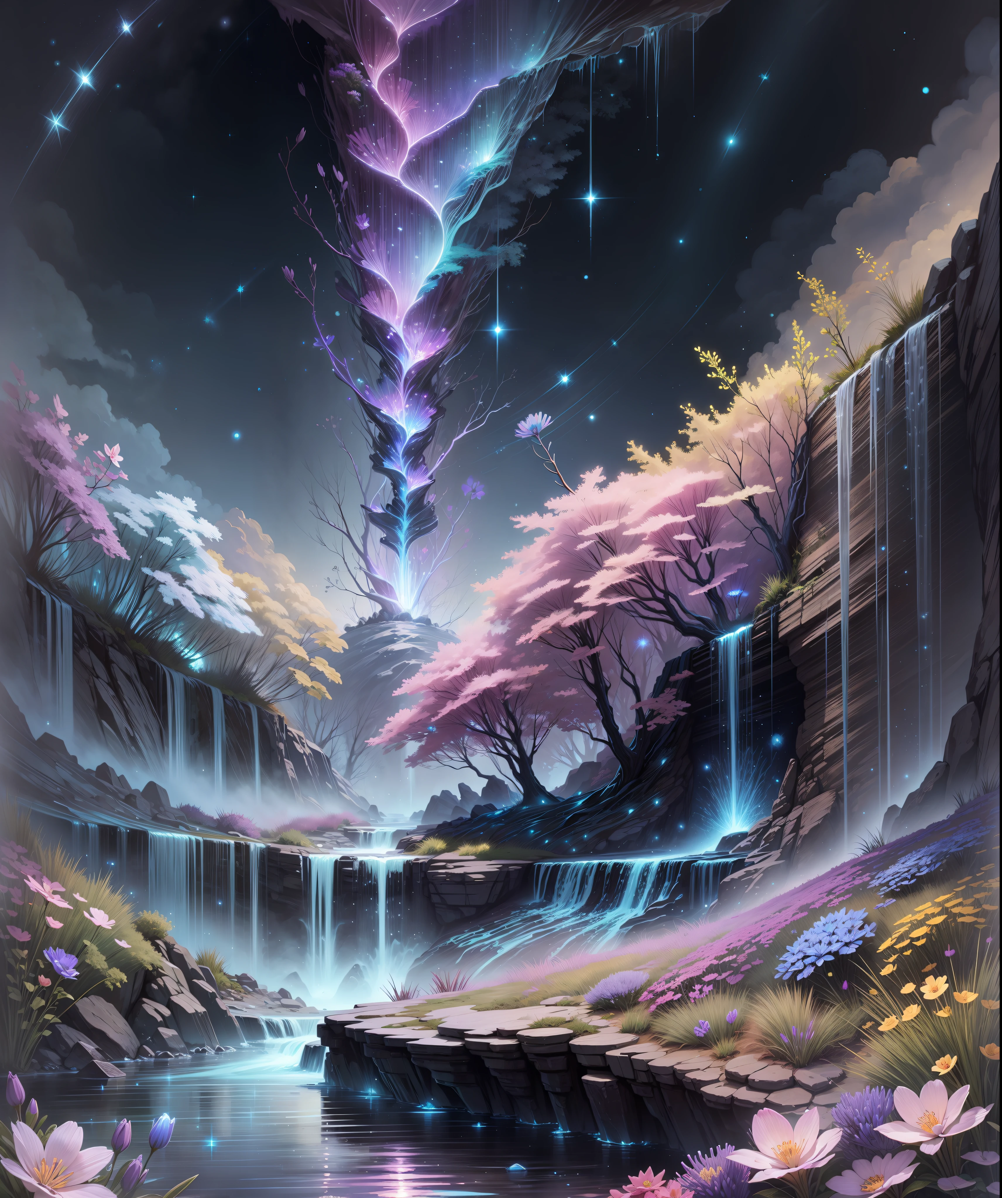 bioluminescence, waterfall, flowers, starry sky