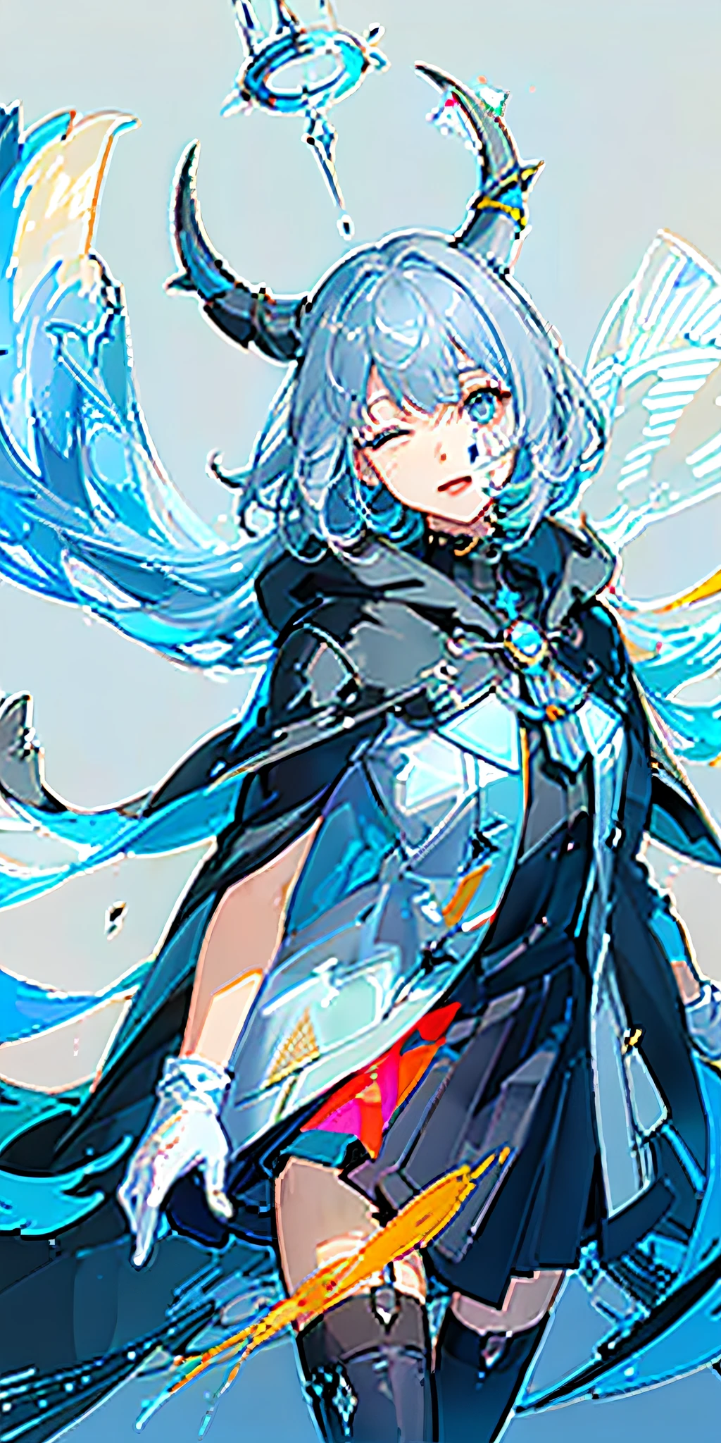 (Highest Quality), (Masterpiece), (Super Detailed), (Eye Detail: 1.0), (Lens Flare: 1.0), (Movie Poster: 1.0), (Tarot Border: 1.0), Portrait Center, (Closeup: 1.0), (Negative Space: 0.8), (Negative Space: 1.6), (Solo), (Floating Color Mesh: 1.0), (Many Color Spikes: 1.0), (Floating Droplets: 1.0), ( Water Magic: 1.0), (Dappled Sun, Rays, Caustics: 1.2), (Iridescence: 1.0), (Beautiful Detail Halo: 1.0), (Lean Back: 1.2), (Grim Expression: 1.0) ,(small:1.0),(open mouth:1.0),(eyelashes),one eye closed,(light blue hair:1.4),(long hair:1.0),(facing viewer:1.3),(head tilt : 1.0), (dynamic pose: 1.1), (asymmetrical hair: 1.2), (orange, (casual, casual), (layered skirt), (gray eyes: 1.4), oblique bangs, high double ponytail, diamond hair ,long coat,(flowing cloak: 1.0),,(abstract background:1.4),(:1.1),(jump:1.1),(tan:1.1),(upper body:1.25),thinking,pupil,++,co-feather , strapless, tights, (white gloves: 1.3), black and red double horns, sleepy