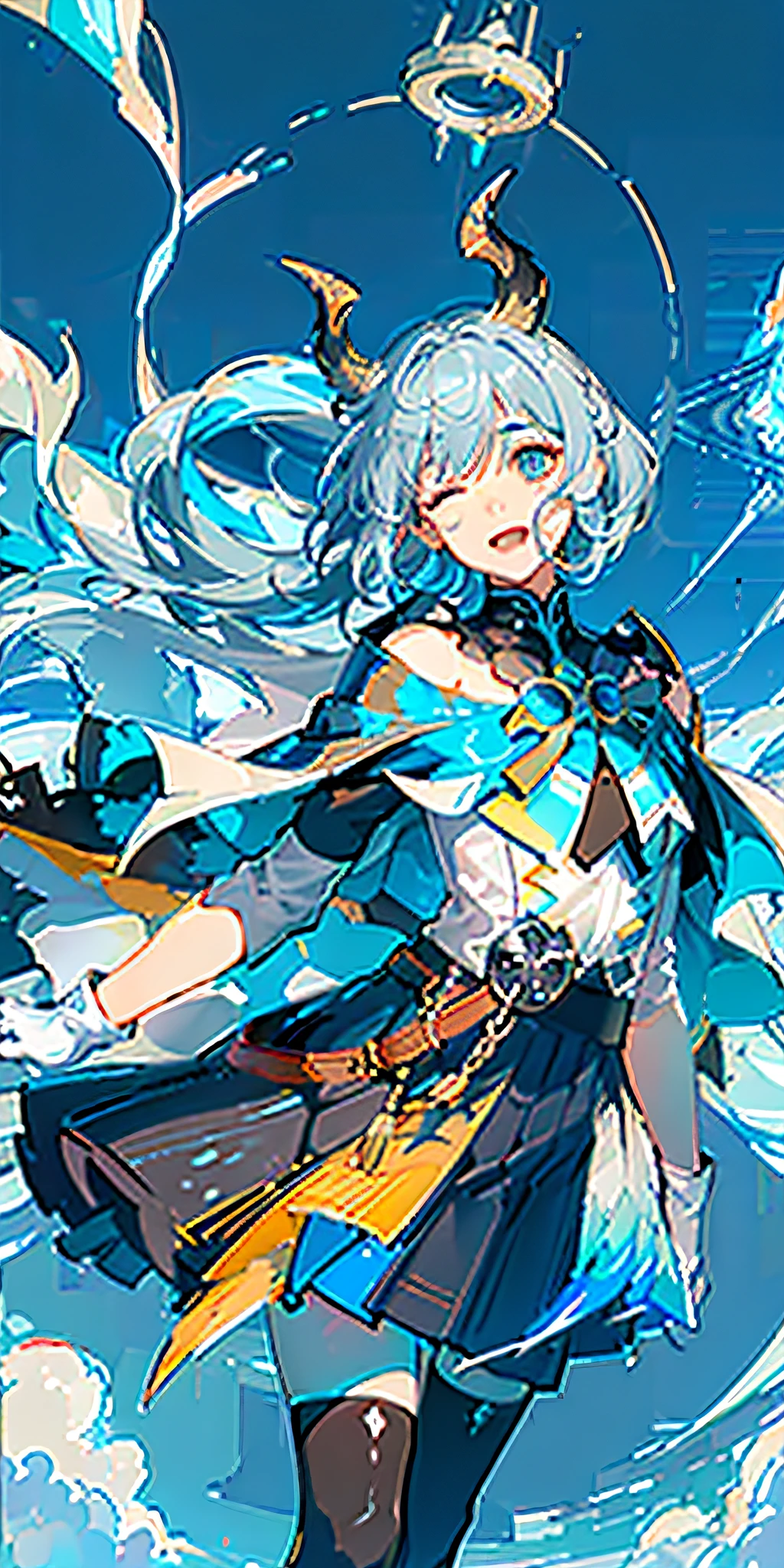 (Highest Quality), (Masterpiece), (Super Detailed), (Eye Detail: 1.0), (Lens Flare: 1.0), (Movie Poster: 1.0), (Tarot Border: 1.0), Portrait Center, (Closeup: 1.0), (Negative Space: 0.8), (Negative Space: 1.6), (Solo), (Floating Color Mesh: 1.0), (Many Color Spikes: 1.0), (Floating Droplets: 1.0), ( Water Magic: 1.0), (Dappled Sun, Rays, Caustics: 1.2), (Iridescence: 1.0), (Beautiful Detail Halo: 1.0), (Lean Back: 1.2), (Grim Expression: 1.0) ,(small:1.0),(open mouth:1.0),(eyelashes),one eye closed,(light blue hair:1.4),(long hair:1.0),(facing viewer:1.3),(head tilt : 1.0), (dynamic pose: 1.1), (asymmetrical hair: 1.2), (orange, (casual, casual), (layered skirt), (gray eyes: 1.4), oblique bangs, high double ponytail, diamond hair ,long coat,(flowing cloak: 1.0),,(abstract background:1.4),(:1.1),(jump:1.1),(tan:1.1),(upper body:1.25),thinking,pupil,++,co-feather , strapless, tights, (white gloves: 1.3), black and red double horns, sleepy
