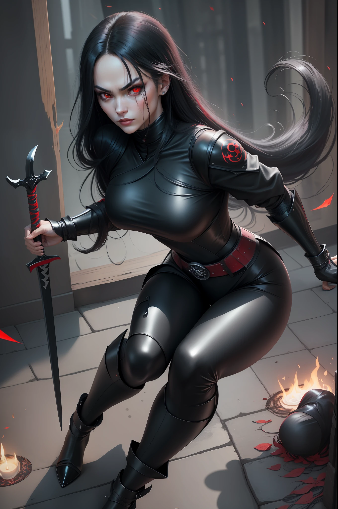 1 woman, beautiful girl, long black hair, shiny, red eyes, looking at the viewer, full body framed, ninja, ninja woman, sensual ninja, dangerous ninja, very realistic light skin, wearing ninja outfit, pants, with black metal parts with sparkle, sword in hand, night, in the shadows, sneaking