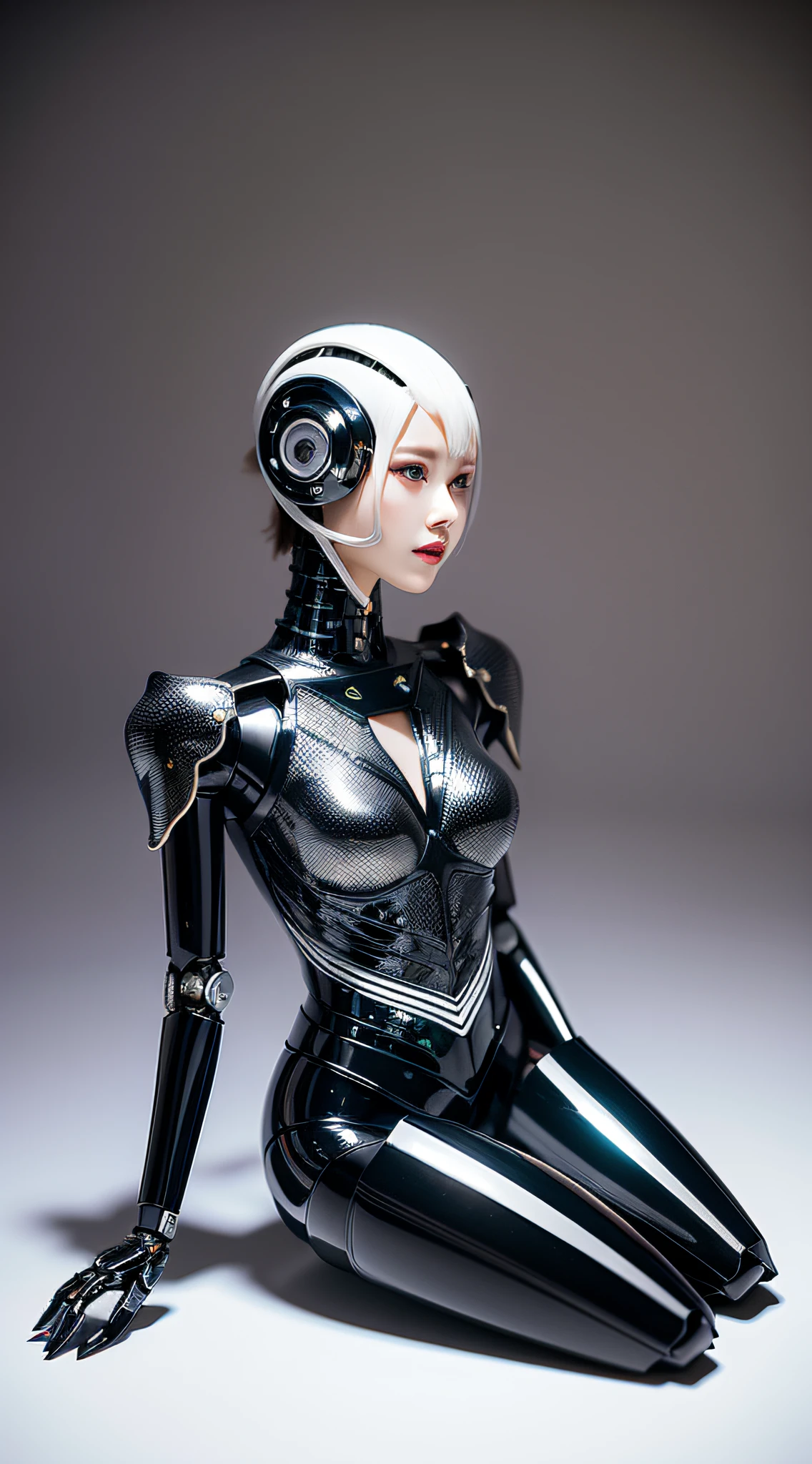 Complex 3d rendering highly detailed beautiful ceramic silhouette female robot face, robot, robot parts, 150mm, beautiful studio soft light, edge light, vibrant details, luxury cyberpunk, lace, surrealism, anatomy, facial muscles, cables, microchip, elegant, beautiful background, octane rendering, hr giger style, 8k, best quality, masterpiece, illustration, very delicate and beautiful, very detailed, CG, uniform, wallpaper, ( Fidelity: 1.37) , stunning, fine detail, masterpiece, finest quality, official art, absurdity, robot, silver armor, full body, sitting