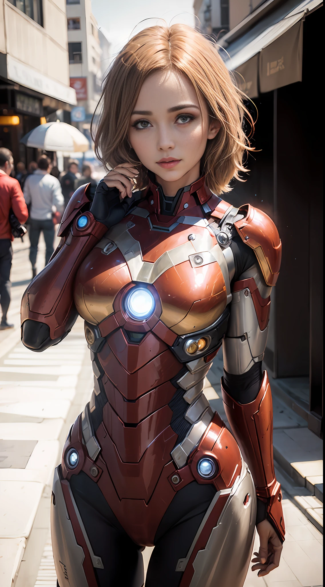 Iron Man, bustling metropolis, (inspired by the Avengers), Iron Man suit, (8k, foto RAW, fotorrealista: 1, 25), (muito brilho labial, muitos cílios, melhor qualidade, ultra alta resolução, profundidade de campo, aberração cromática, Luz Ampla, Cor Natural, distant image (1:2)