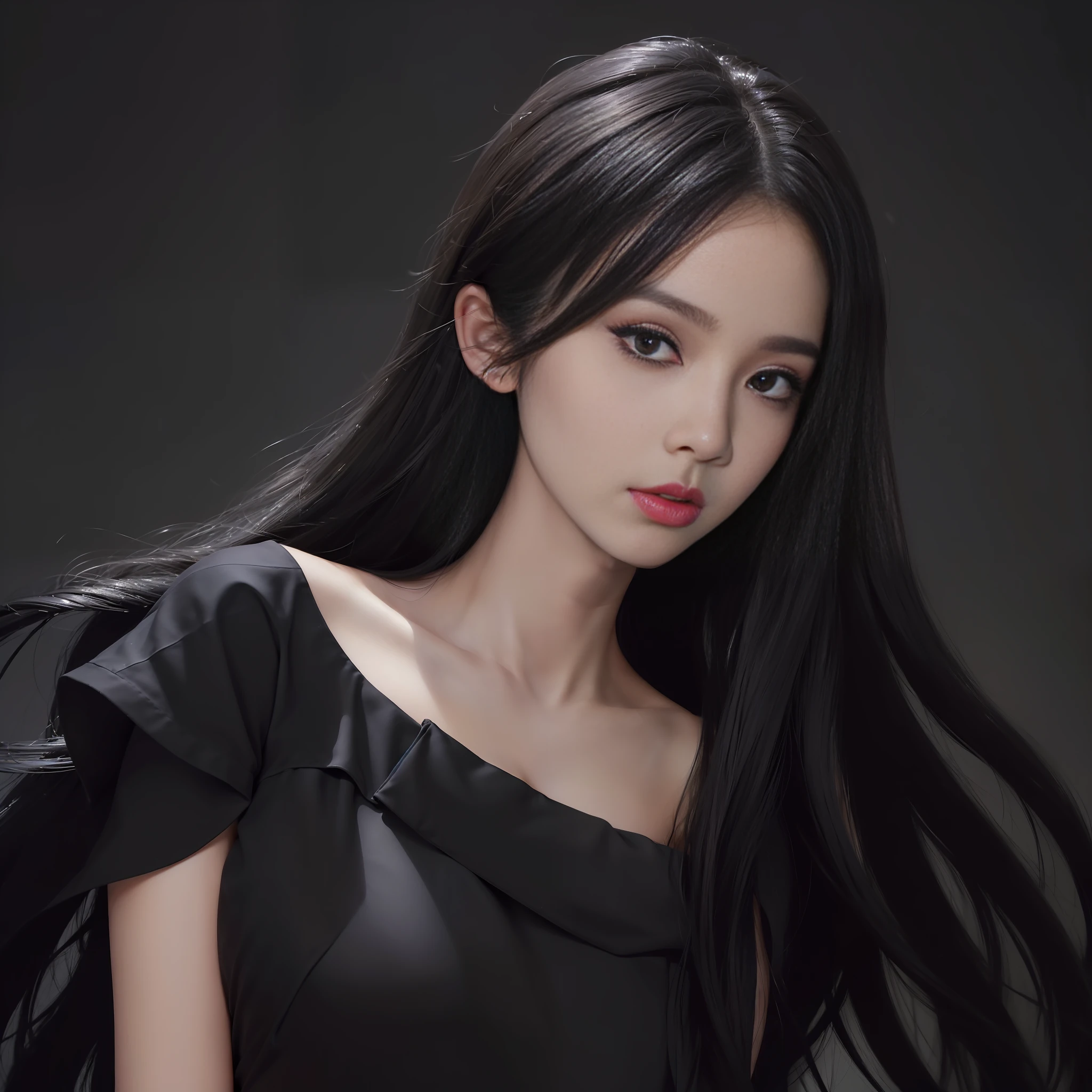 (((masterpiece+best quality+high resolution+ultra-detailed))), long silky black hair, high nose, sharp eyes, noble and inviolable temperament, (([female]: 1.2 + [beauty]: 1.2 + black long hair: 1.2)), dark and deep background, bright eyes, dynamic angle and posture.
