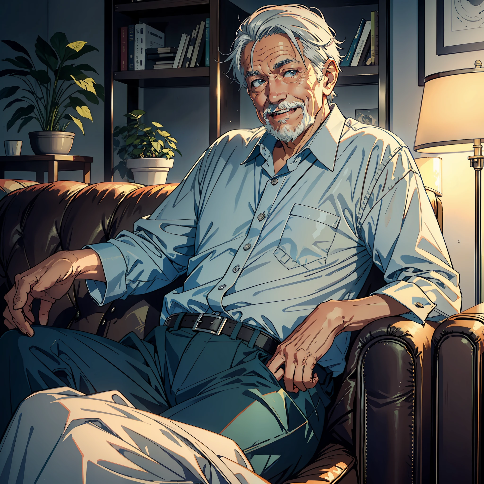 An old man, gray-haired, smiling, kind, sitting on the sofa