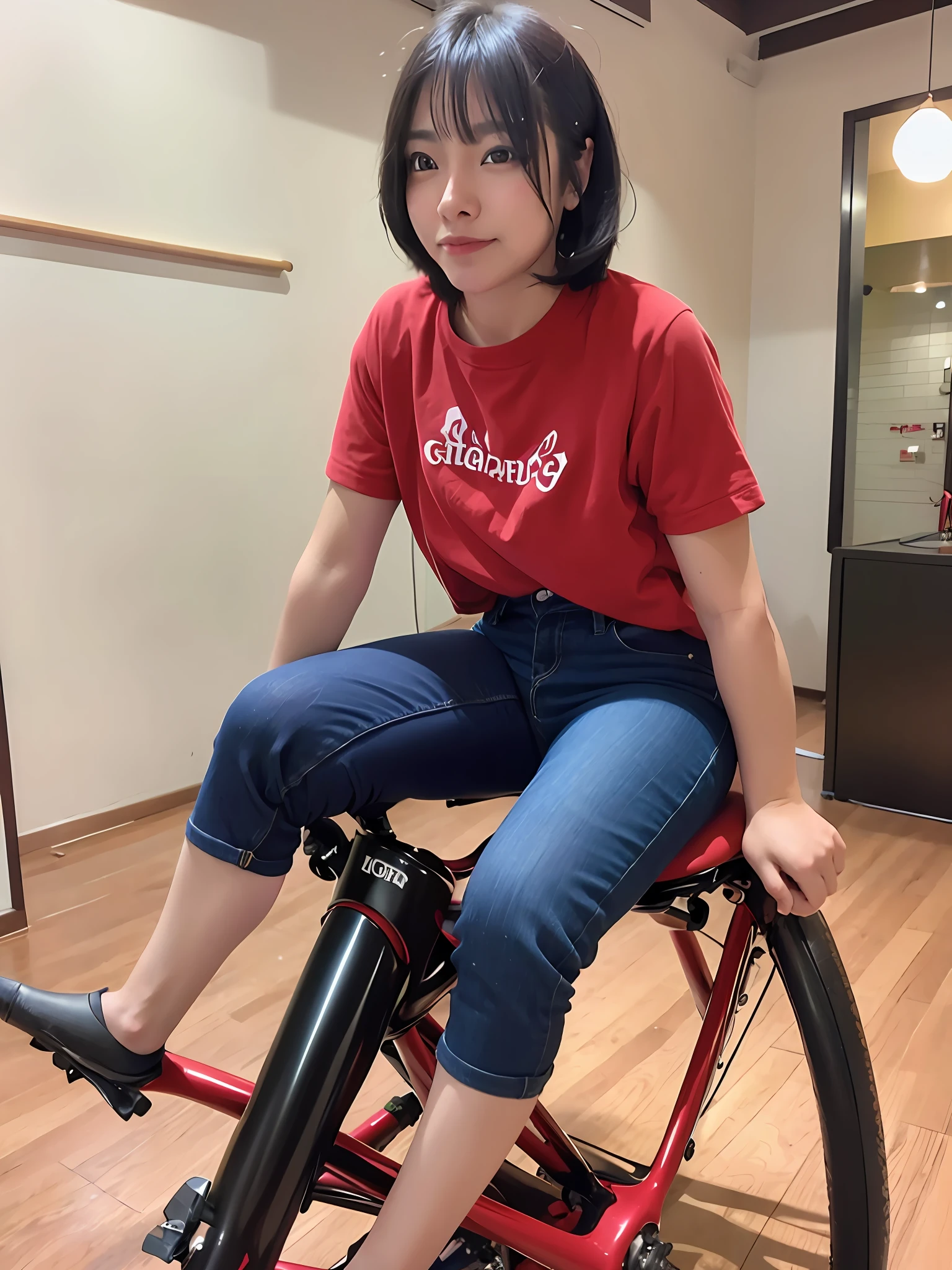 Woman riding balance ball, young, short-haired, dark-haired, red coat t-shirt, jeans, color photo