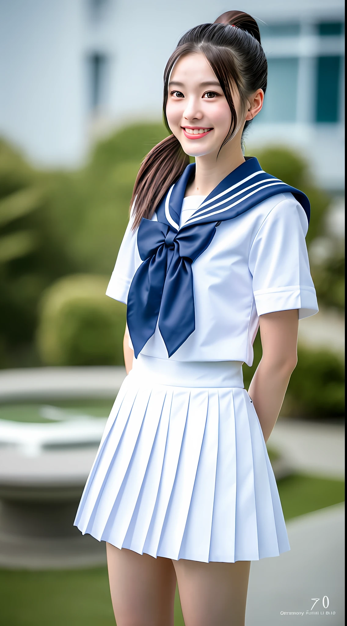 Realistic photos of shoulder length hair, ponytail, thin makeup, (small), fountain, clear facial features, 8K high resolution, sharp and realistic details, full body, high school uniform, white skin, white sailor suit, mini skirt, pleated skirt, f/4.0, 135mm, Fujifilm, jpeg artifact, dithering, UHD, masterpiece, wind, cherry, blur, ( skirt lift),