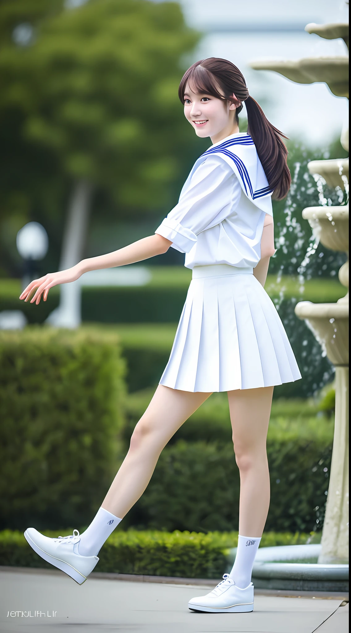 Realistic photos of shoulder length hair, ponytail, thin makeup, (small), fountain, clear facial features, 8K high resolution, sharp and realistic details, full body, high school uniform, white skin, white sailor suit, mini skirt, pleated skirt, f/4.0, 135mm, Fujifilm, jpeg artifact, dithering, UHD, masterpiece, wind, cherry, blur, ( skirt lift),