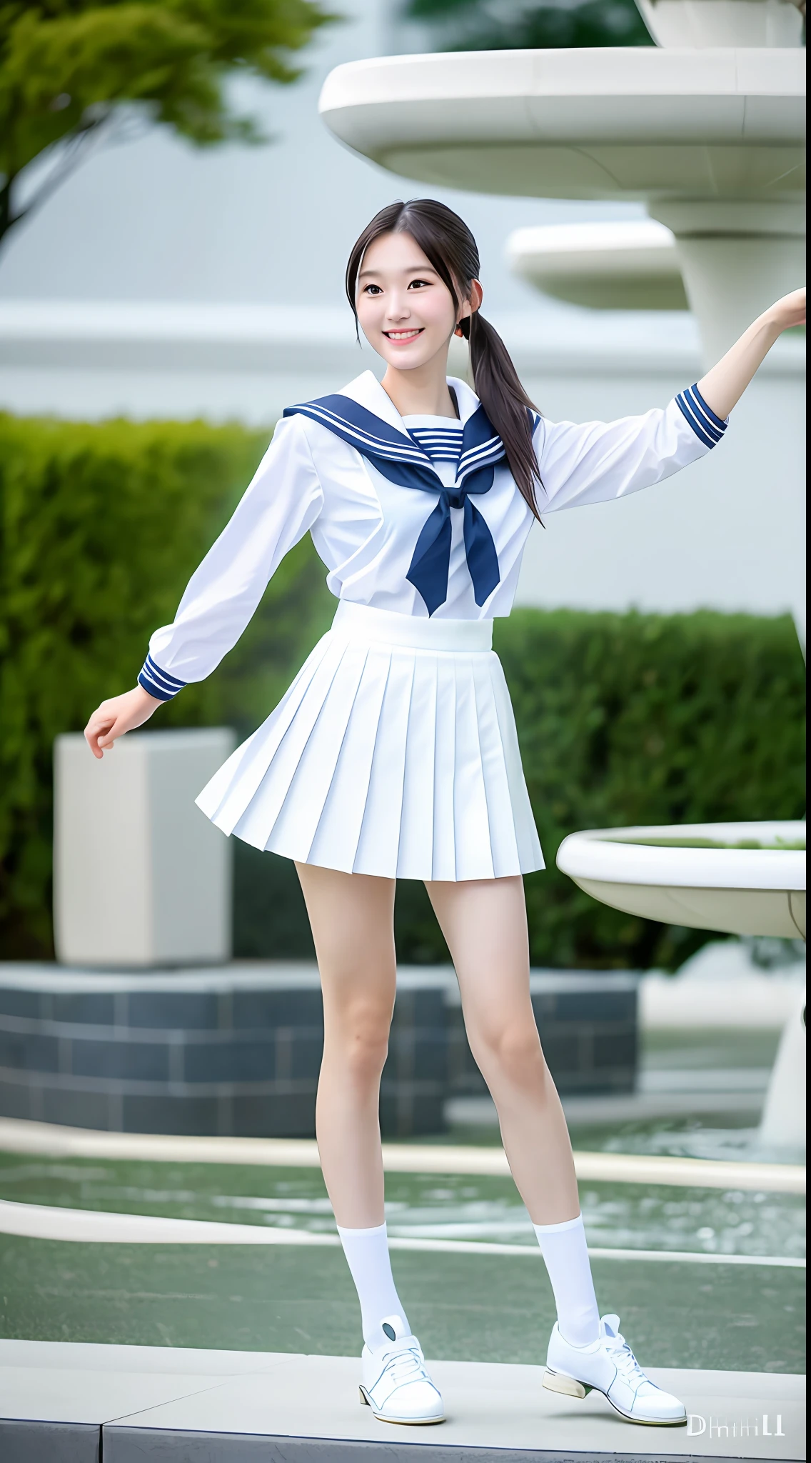 Realistic photos of shoulder length hair, ponytail, thin makeup, (small), fountain, clear facial features, 8K high resolution, sharp and realistic details, full body, high school uniform, white skin, white sailor suit, mini skirt, pleated skirt, f/4.0, 135mm, Fujifilm, jpeg artifact, dithering, UHD, masterpiece, wind, cherry, blur, ( skirt lift),