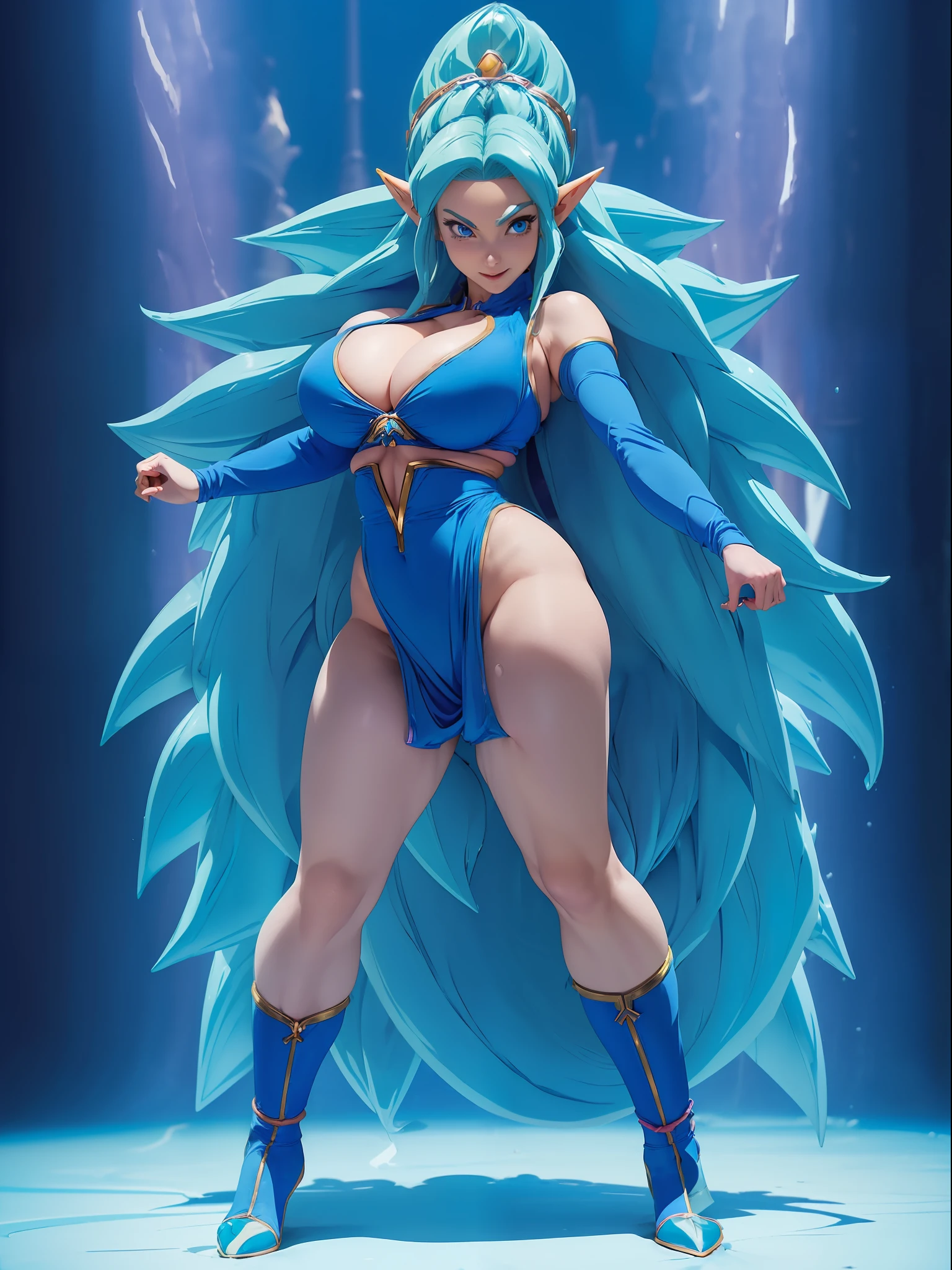 (full body photo:1.5), Princess Zelda, (large breasts:1.8), Wearing Goku's costumes, in a futuristic city, blue colored hair, blue eyes, looking at the viewer, smiling, (extremely tight clothing on the body:1.5), (doing sexy poses:1.3), anime, Dragon Ball, shadow, high detail, 16k, award-winning, high quality, anatomically correct, UHD, masterpiece