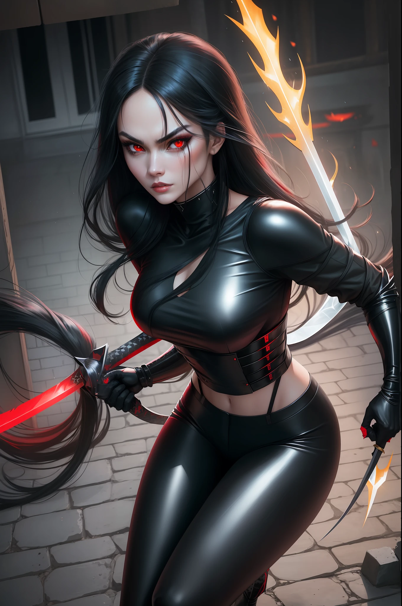 1 woman, beautiful girl, long black hair, shiny, red eyes, looking at the viewer, full body framed, ninja, ninja woman, sensual ninja, dangerous ninja, very realistic light skin, wearing ninja outfit, pants, with black metal parts with sparkle, sword in hand, night, in the shadows, sneaking