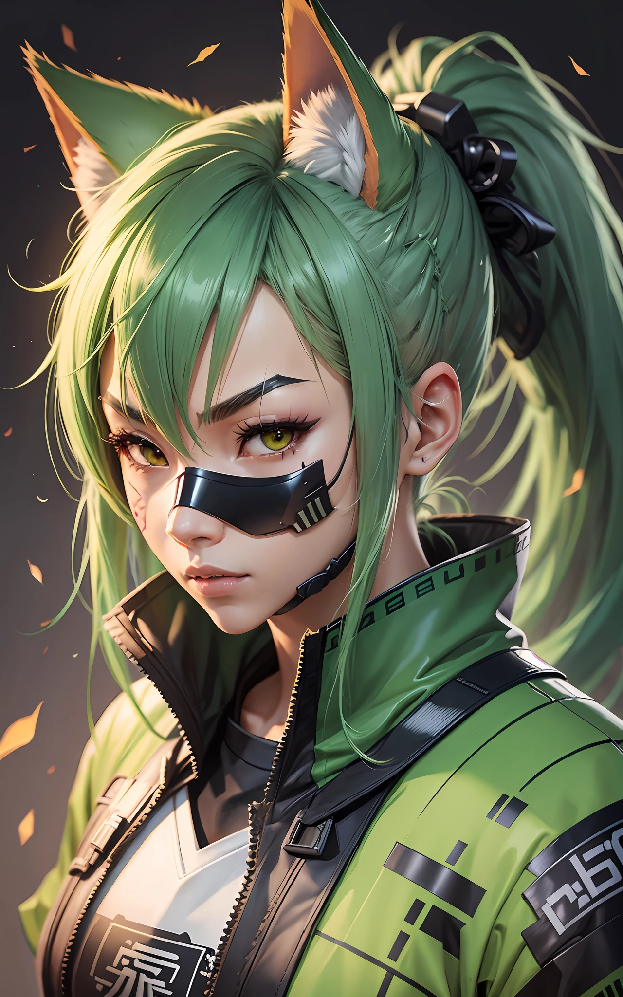 kiriko \(overwatch\), green hair, ponytail, facial mark, fox mask, half mask --auto --s2