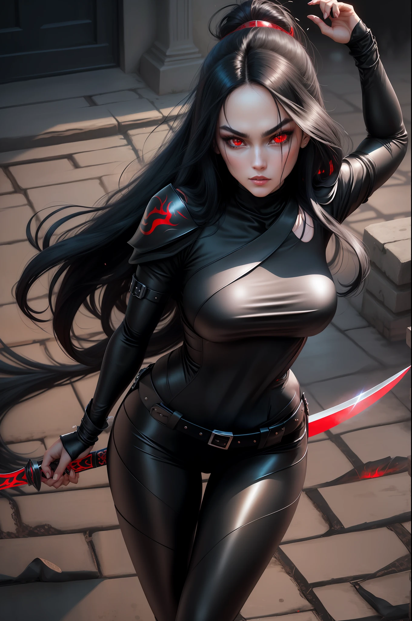 1 woman, beautiful girl, long black hair, shiny, red eyes, looking at the viewer, full body framed, ninja, ninja woman, sensual ninja, dangerous ninja, very realistic light skin, wearing ninja outfit, pants, with black metal parts with sparkle, sword in hand, night, in the shadows, sneaking
