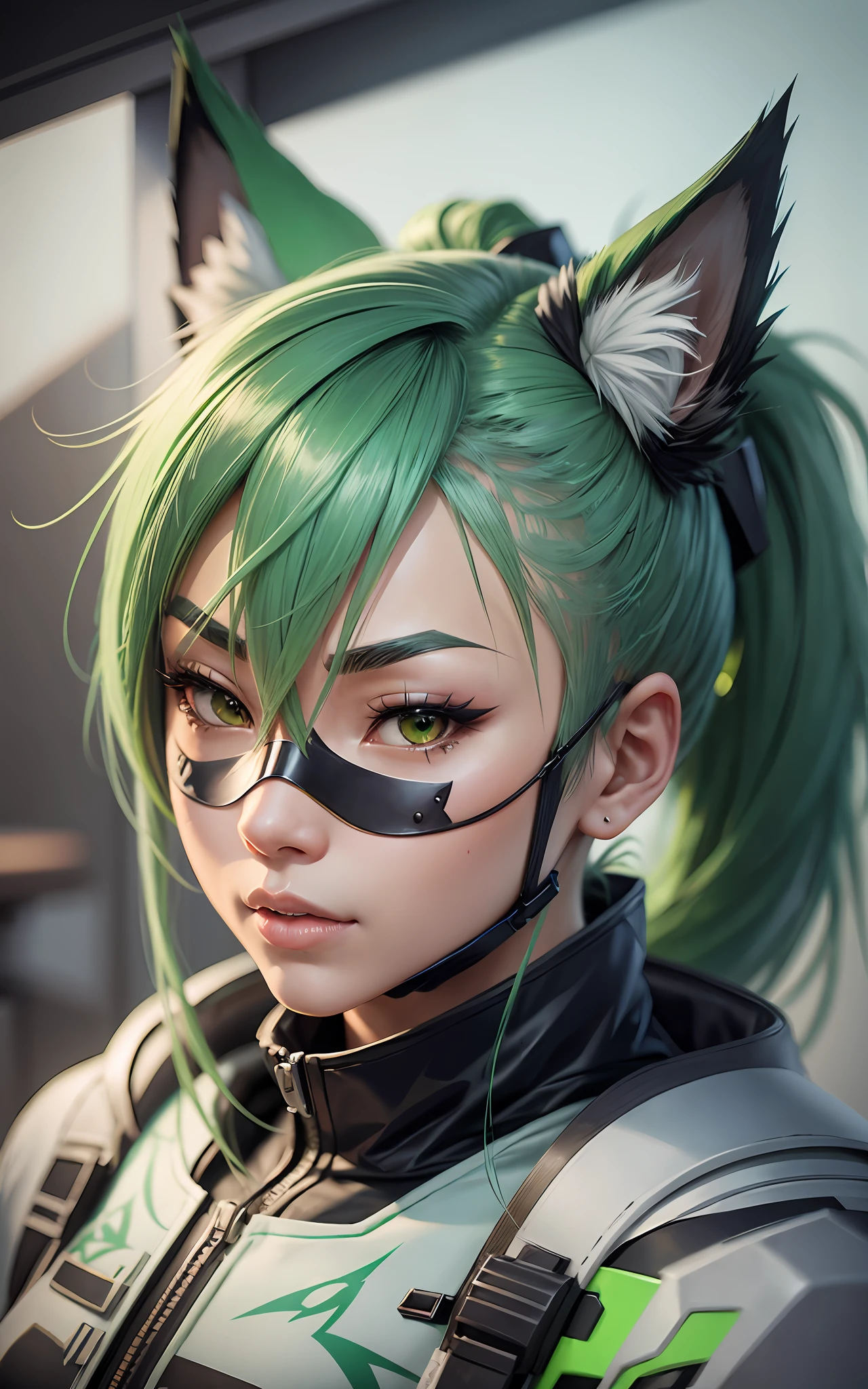 kiriko \(overwatch\), green hair, ponytail, facial mark, fox mask, half mask --auto --s2