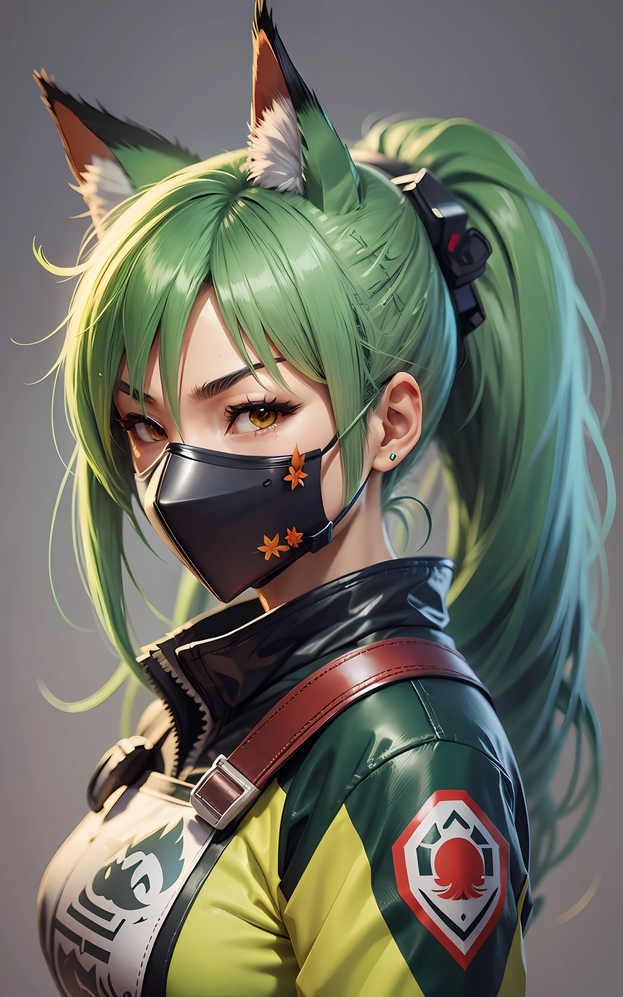 kiriko \(overwatch\), green hair, ponytail, facial mark, fox mask, half mask --auto --s2