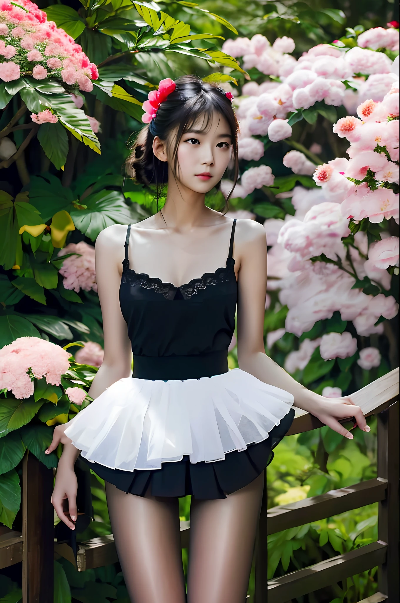movie portrait photography, 1girl, correct body structure, perfect body, fair skin, pretty face, detailed face, blush, face, maid hair accessories, charming body, slim, wide hips, thin waist, no clothes, black bra, black lace panties, busty with deep, black pantyhose, long legs, no skirt, stockings, thigh stockings, standing on bench with full body photo, leg focus, fair skin with bare shoulder length, serene, calm, (realistic details, natural skin texture, Realistic Face Details), Soft Dramatic Lighting, Depth of Field, Bokeh, Vibble Detail, Fine Detail, Surrealism, 35mm Film, Hazy Blur, Film, 16k, Peony, Rose, Cherry Blossom, Rainforest, Lots of Flowers, Juice:1.3)