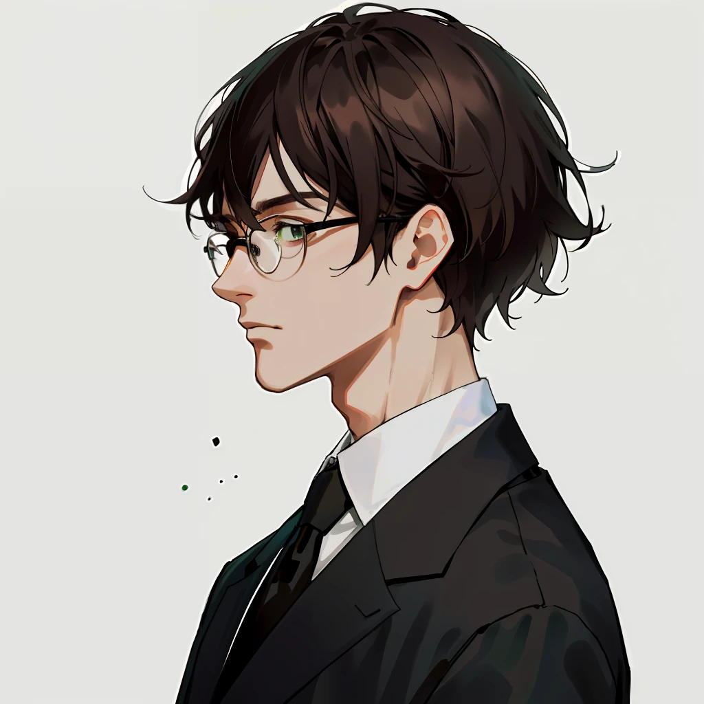 1 man, 35-year-old,(black bristle), wearing glasses,dresses in a formal and restrained style, a black jacket,white shirt, a professional look,dark brown hair, short hairstyle, green eyes, tired look, closeup face, profile picture,