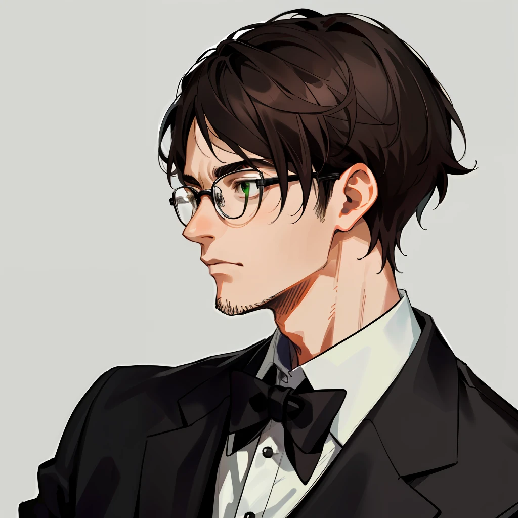 1 man, 35-year-old,(black bristle), wearing glasses,dresses in a formal and restrained style, a black jacket,white shirt, a professional look,dark brown hair, short hairstyle, green eyes, tired look, closeup face, profile picture,