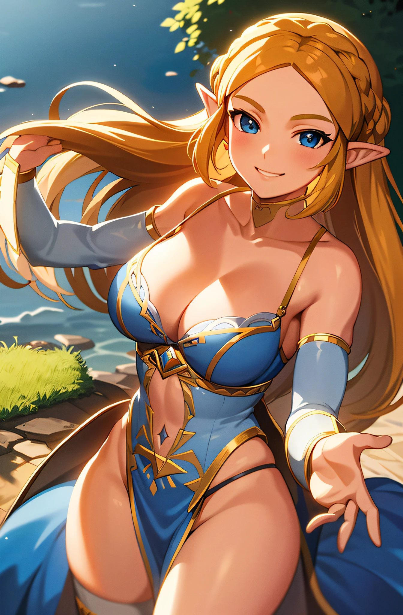 masterpiece,best quality,zelda\(princess\), 1girl, solo, large breasts, cleavage, smile, long_hair, lingerie, facing viewer,