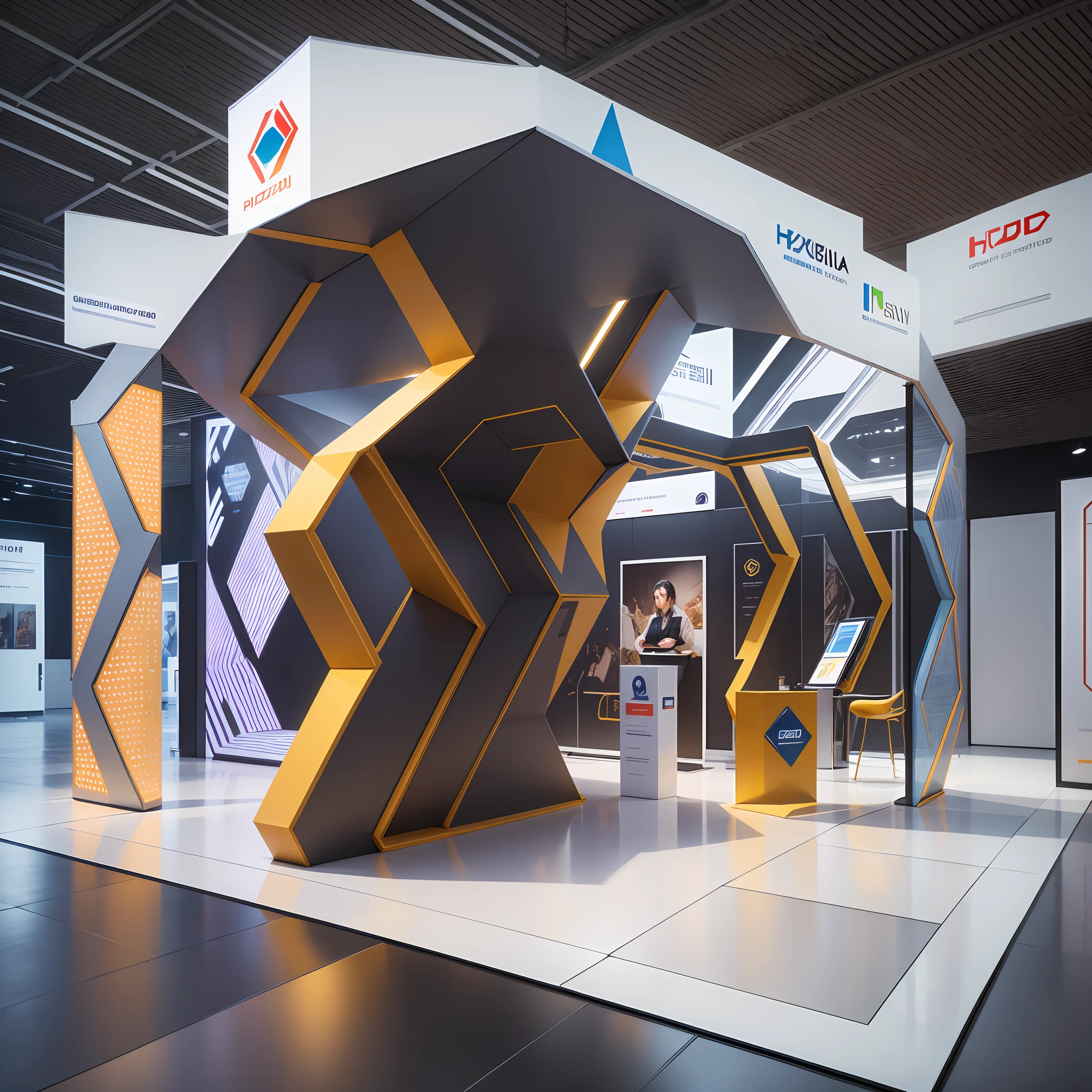 Italian design, exhibition hall, exhibition display, space layout, exhibit display, lighting design, color matching, use of technology, large exhibition stand, technology booth, hexagonal door head