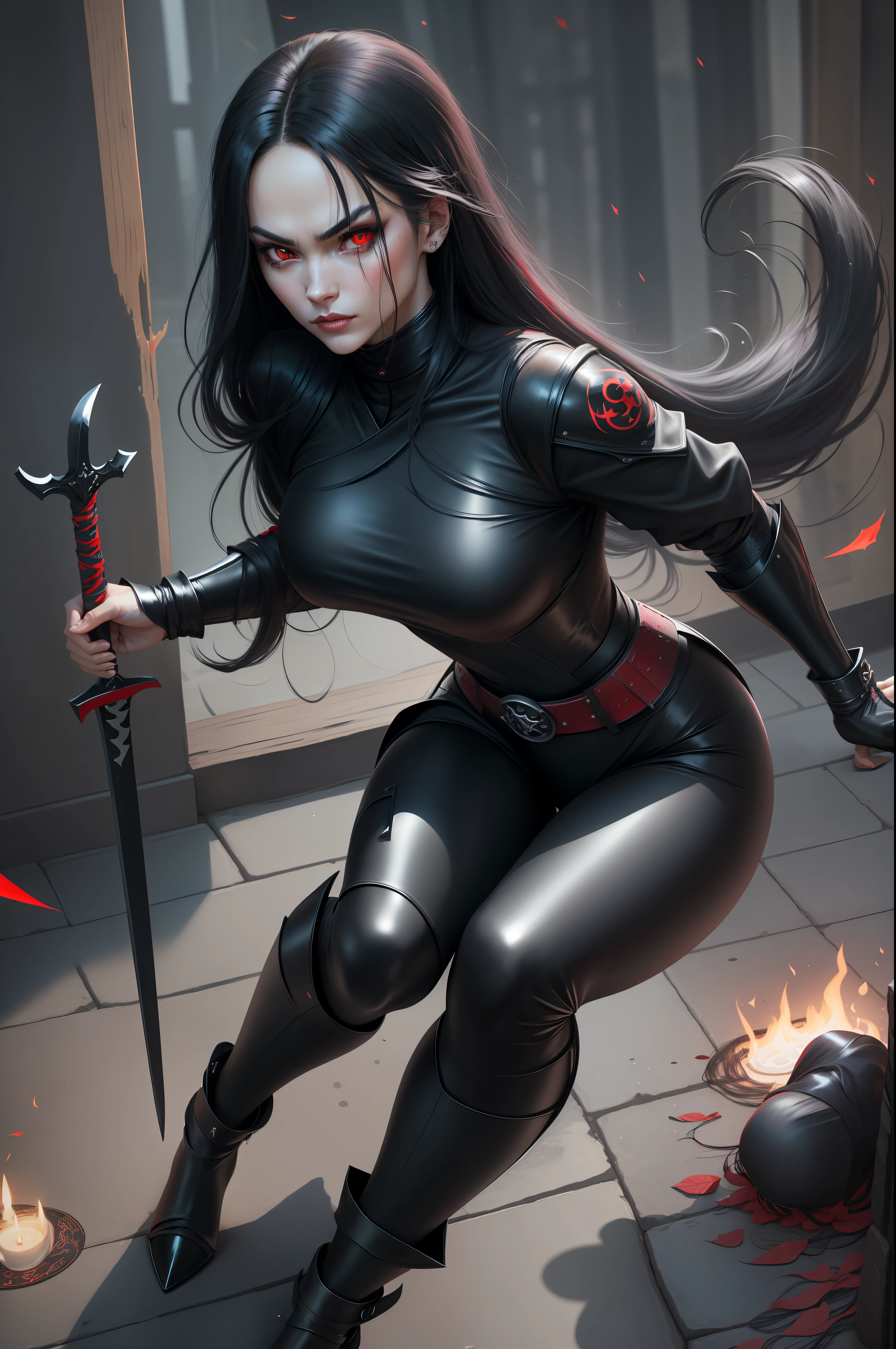1 woman, beautiful girl, long black hair, shiny, red eyes, looking at the viewer, full body framed, ninja, ninja woman, sensual ninja, dangerous ninja, very realistic light skin, wearing ninja outfit, pants, with black metal parts with sparkle, sword in hand, night, in the shadows, sneaking