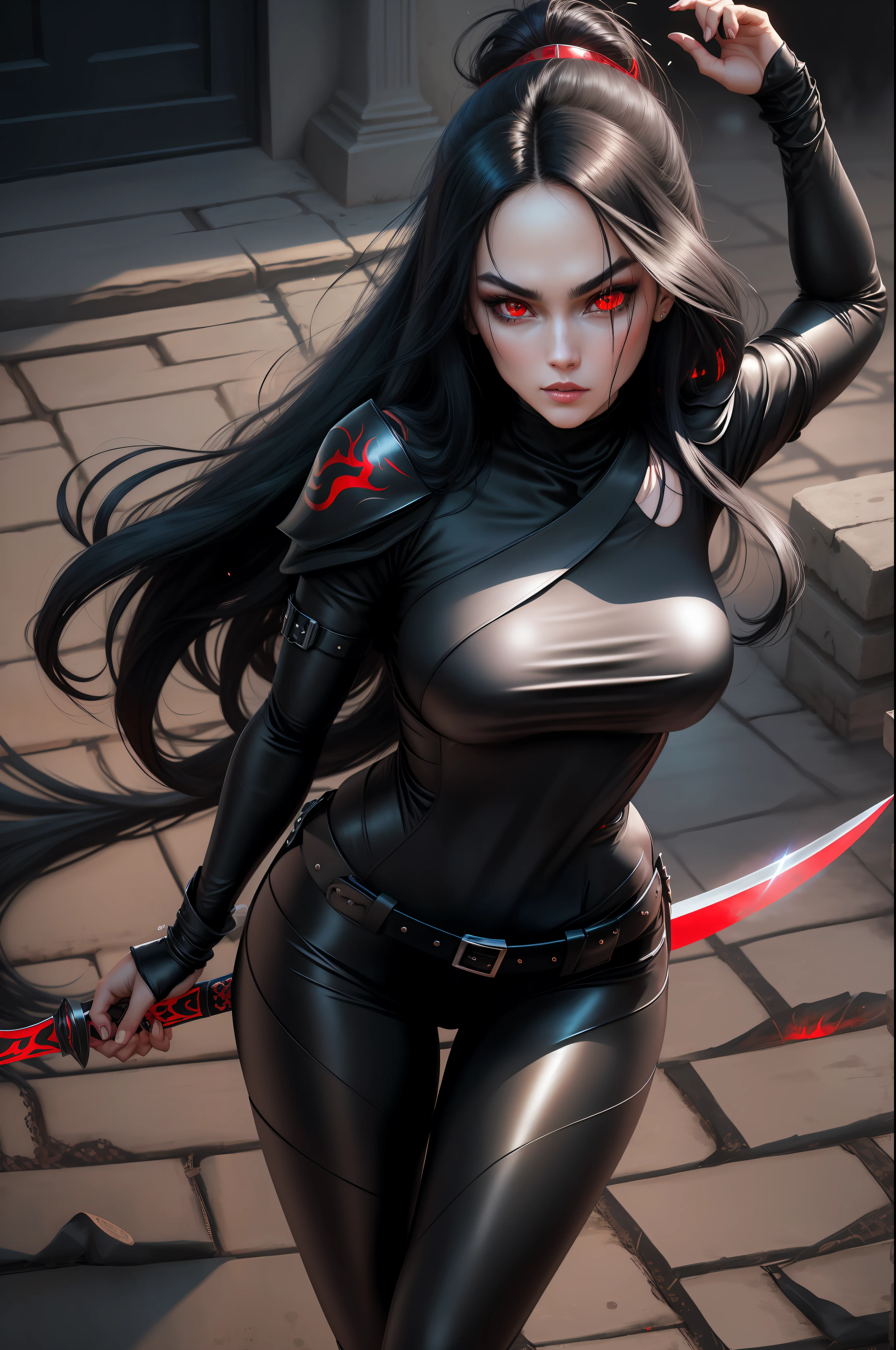 1 woman, beautiful girl, long black hair, shiny, red eyes, looking at the viewer, full body framed, ninja, ninja woman, sensual ninja, dangerous ninja, very realistic light skin, wearing ninja outfit, pants, with black metal parts with sparkle, sword in hand, night, in the shadows, sneaking