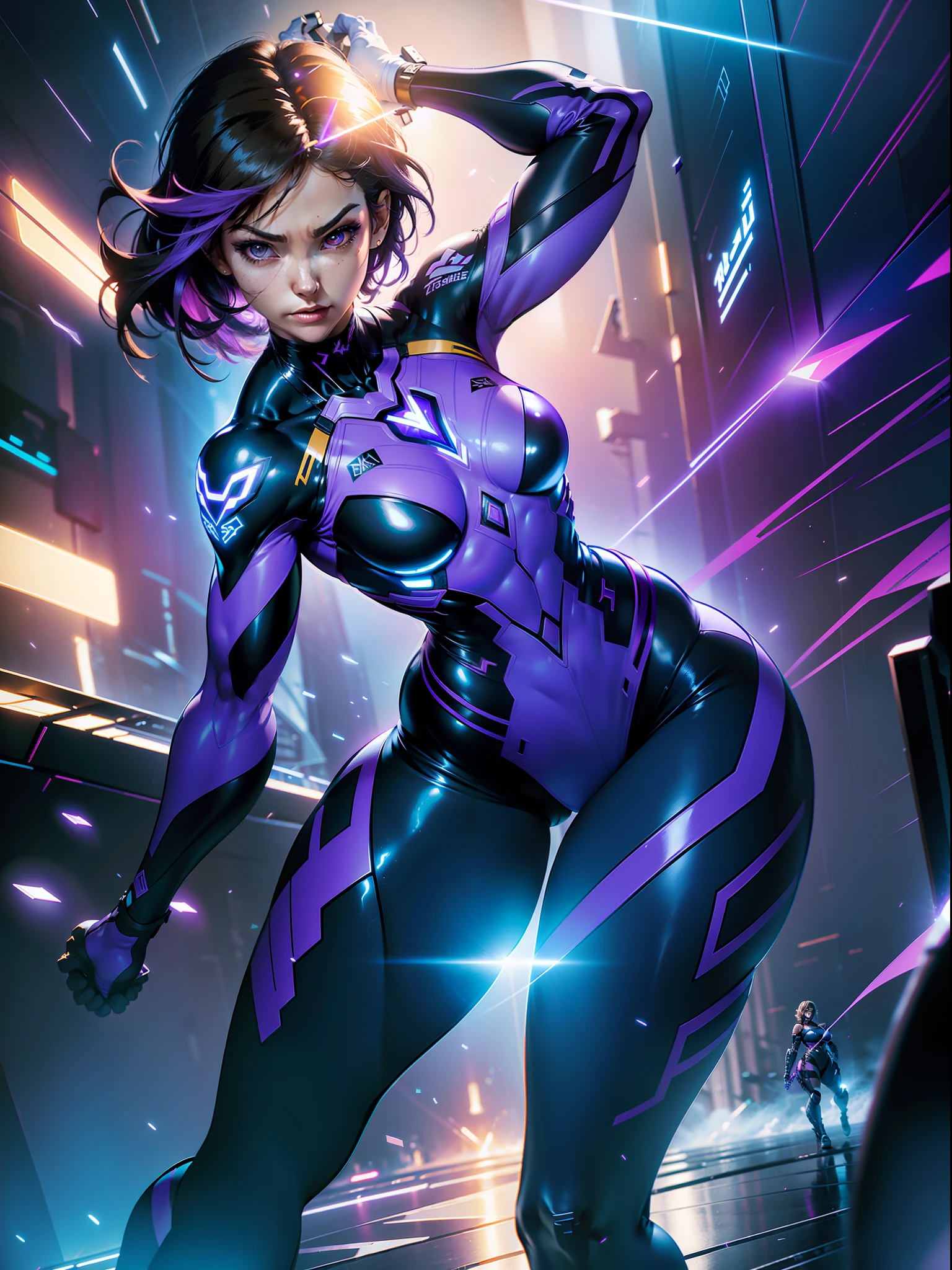 Txt2Img 14:55:06 ((Best quality)), ((masterpiece)), (detailed: 1.4), (Absurd), paper, colorful line art, perfect face, Hot Latina woman fighter pilot ready for war, dark skin, lightning and lightning, muscular sculptural body defined, Wolverine mask, (((full body))), half-thick naked thighs, closed mouth, muscular body covered in purple tech clothing, Neon Genesis Evangelion style, cyberpunk, generous neckline, ((perfect small breasts)), ((totally purple clothing with golden rays)), (((short dark purple straight hair)))), long and black eyelashes heavy makeup, garter belt, niji --V5, close to real, psychopath, crazy face, sexy pose, red and white background, 2 pieces clothing, centered, scale to fit dimensions, HDR (High Dynamic Range),Ray Tracing,NVIDIA RTX,Super-Resolution,Unreal 5, Subsurface Dispersion, PBR Texture, Post-processing, Anisotropic Filtering, Depth of Field, Maximum Clarity and Sharpness, Multilayer Textures, Albedo and Specular Maps, Surface Shading, Accurate Simulation of Light-Material Interaction, Perfect Proportions, Octane Render, Two-Tone Lighting, Wide Aperture, Low ISO, White Balance, Rule of Thirds, 8K RAW, Crysisnanosuit
