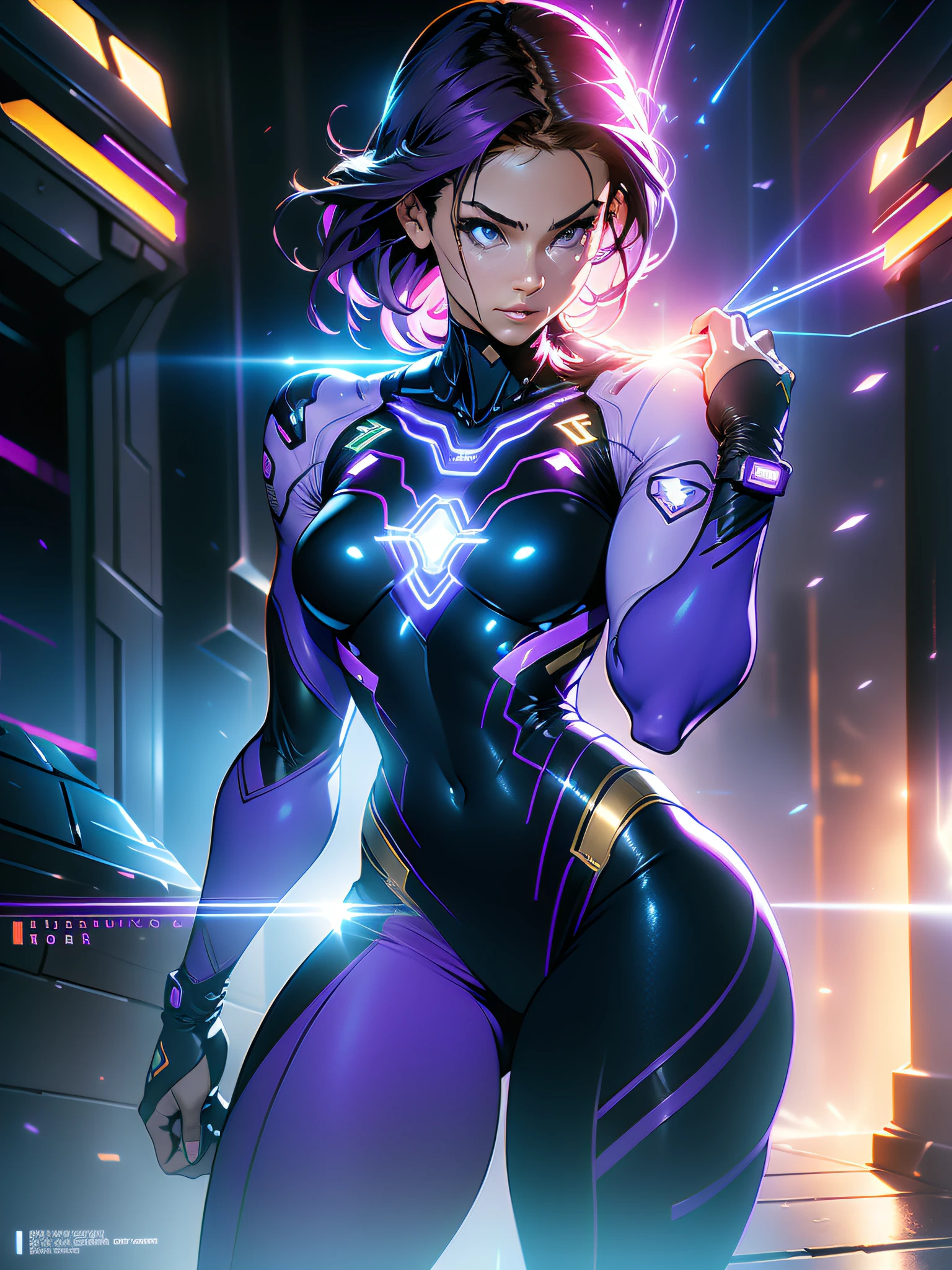 Txt2Img 14:55:06 ((Best quality)), ((masterpiece)), (detailed: 1.4), (Absurd), paper, colorful line art, perfect face, Hot Latina woman fighter pilot ready for war, dark skin, lightning and lightning, muscular sculptural body defined, Wolverine mask, (((full body))), half-thick naked thighs, closed mouth, muscular body covered in purple tech clothing, Neon Genesis Evangelion style, cyberpunk, generous neckline, ((perfect small breasts)), ((totally purple clothing with golden rays)), (((short dark purple straight hair)))), long and black eyelashes heavy makeup, garter belt, niji --V5, close to real, psychopath, crazy face, sexy pose, red and white background, 2 pieces clothing, centered, scale to fit dimensions, HDR (High Dynamic Range),Ray Tracing,NVIDIA RTX,Super-Resolution,Unreal 5, Subsurface Dispersion, PBR Texture, Post-processing, Anisotropic Filtering, Depth of Field, Maximum Clarity and Sharpness, Multilayer Textures, Albedo and Specular Maps, Surface Shading, Accurate Simulation of Light-Material Interaction, Perfect Proportions, Octane Render, Two-Tone Lighting, Wide Aperture, Low ISO, White Balance, Rule of Thirds, 8K RAW, Crysisnanosuit