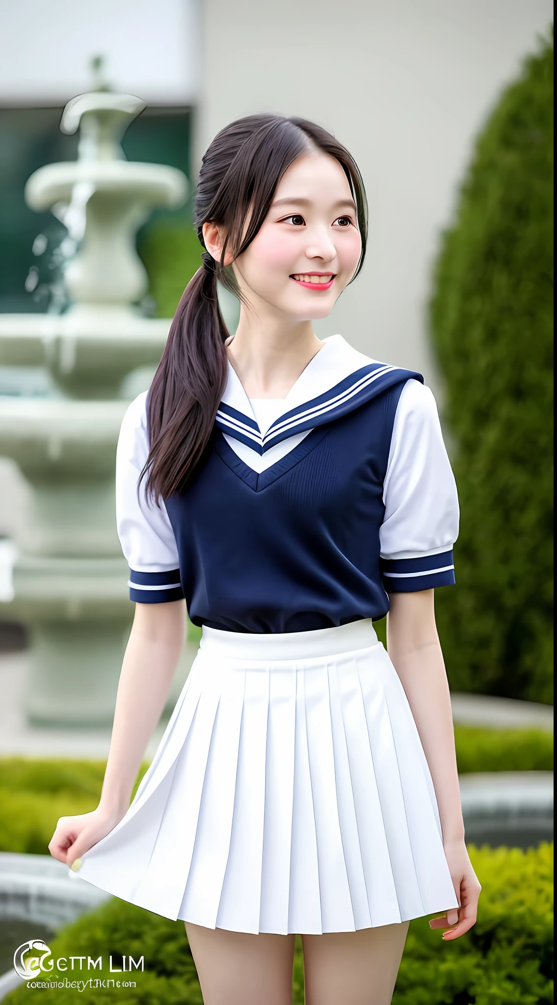 Realistic photos of shoulder length hair, ponytail, thin makeup, (small), fountain, clear facial features, 8K high resolution, sharp and realistic details, full body, high school uniform, white skin, white sailor suit, mini skirt, pleated skirt, f/4.0, 135mm, Fujifilm, jpeg artifact, dithering, UHD, masterpiece, wind, cherry, blur, ( skirt lift), pinch the hem of the skirt with your hands, pull it cutely upwards,