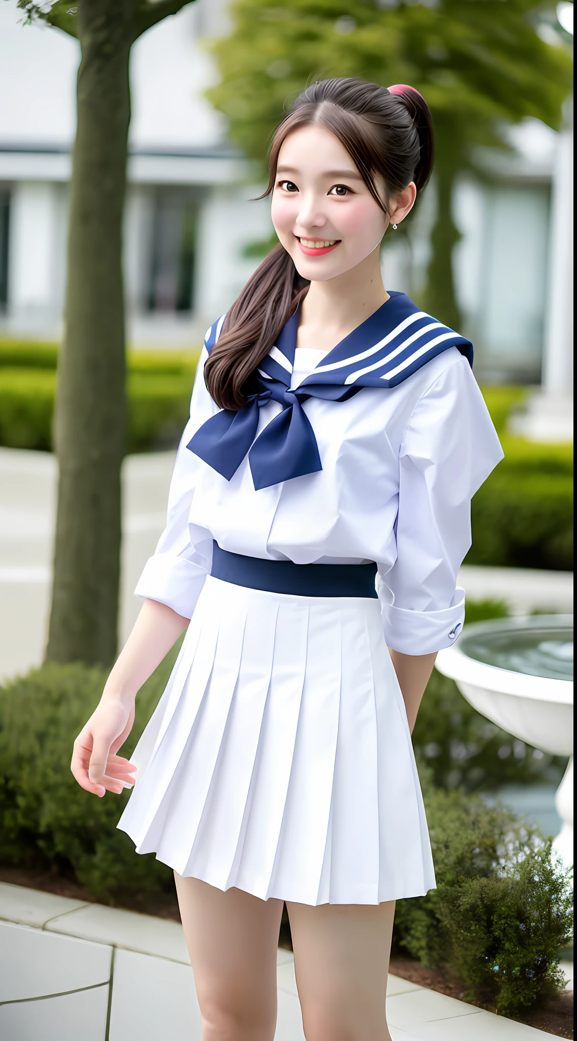 Realistic photos of shoulder length hair, ponytail, thin makeup, (small), fountain, clear facial features, 8K high resolution, sharp and realistic details, full body, high school uniform, white skin, white sailor suit, mini skirt, pleated skirt, f/4.0, 135mm, Fujifilm, jpeg artifact, dithering, UHD, masterpiece, wind, cherry, blur, ( skirt lift), pinch the hem of the skirt with your hands, pull it cutely upwards,