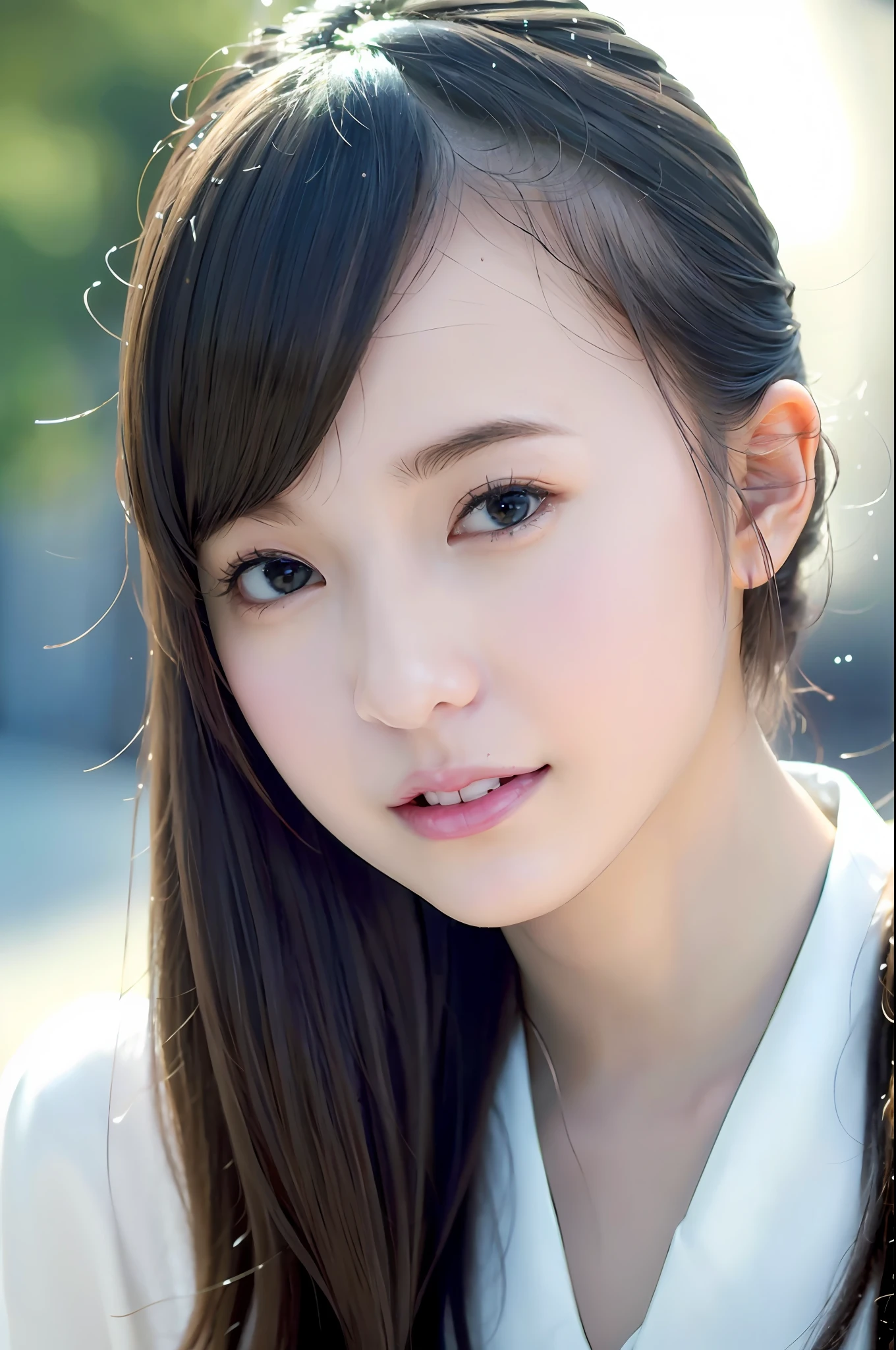 best quality, white skin, real human skin, (detailed fac), oval face, pores, ultra high res, (8k, RAW photo, photorealistic:1.4), 1girl, slim, (looking at viewer with a serene and goddess-like happiness:1.2), ( lipgloss, eyelashes, gloss-face, best quality, ultra highres, Broad lighting, natural shading), oversized jacket, fashion shirt, cityscape,