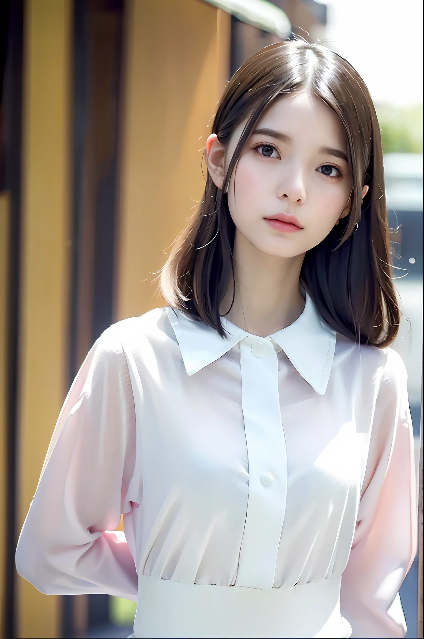 best quality, white skin, real human skin, (detailed fac), oval face, pores, ultra high res, (8k, RAW photo, photorealistic:1.4), 1girl, slim, (looking at viewer with a serene and goddess-like happiness:1.2), ( lipgloss, eyelashes, gloss-face, best quality, ultra highres, Broad lighting, natural shading), oversized jacket, fashion shirt, cityscape,