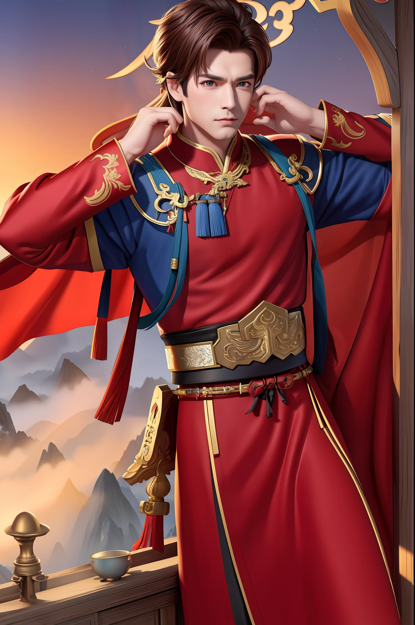 Handsome and tough boy, China dress, flying in sky, 8k, the misty mountain, red sword, masterpiece, Top Quality