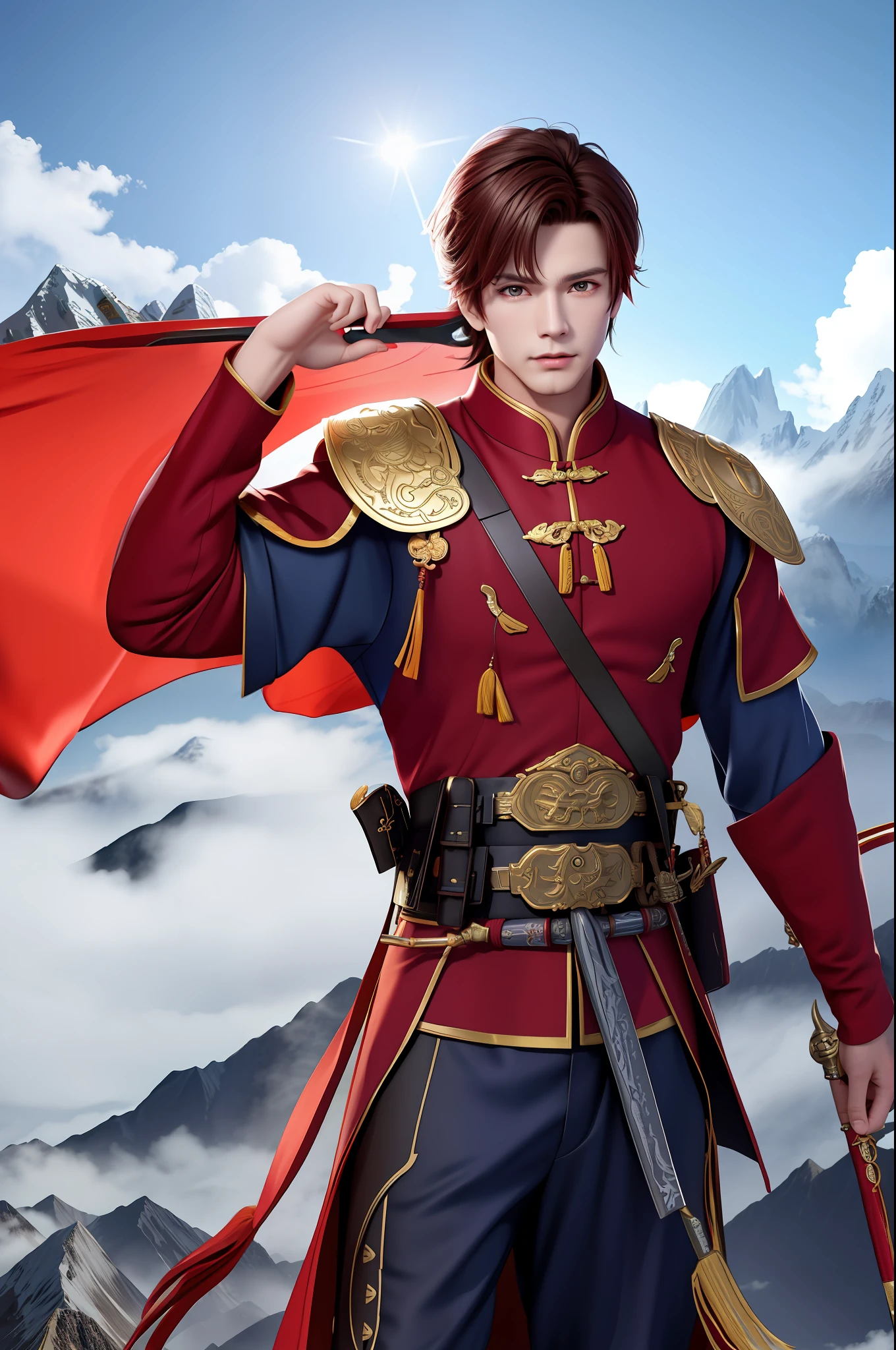 Handsome and tough boy, China dress, flying in sky, 8k, the misty mountain, red sword, masterpiece, Top Quality