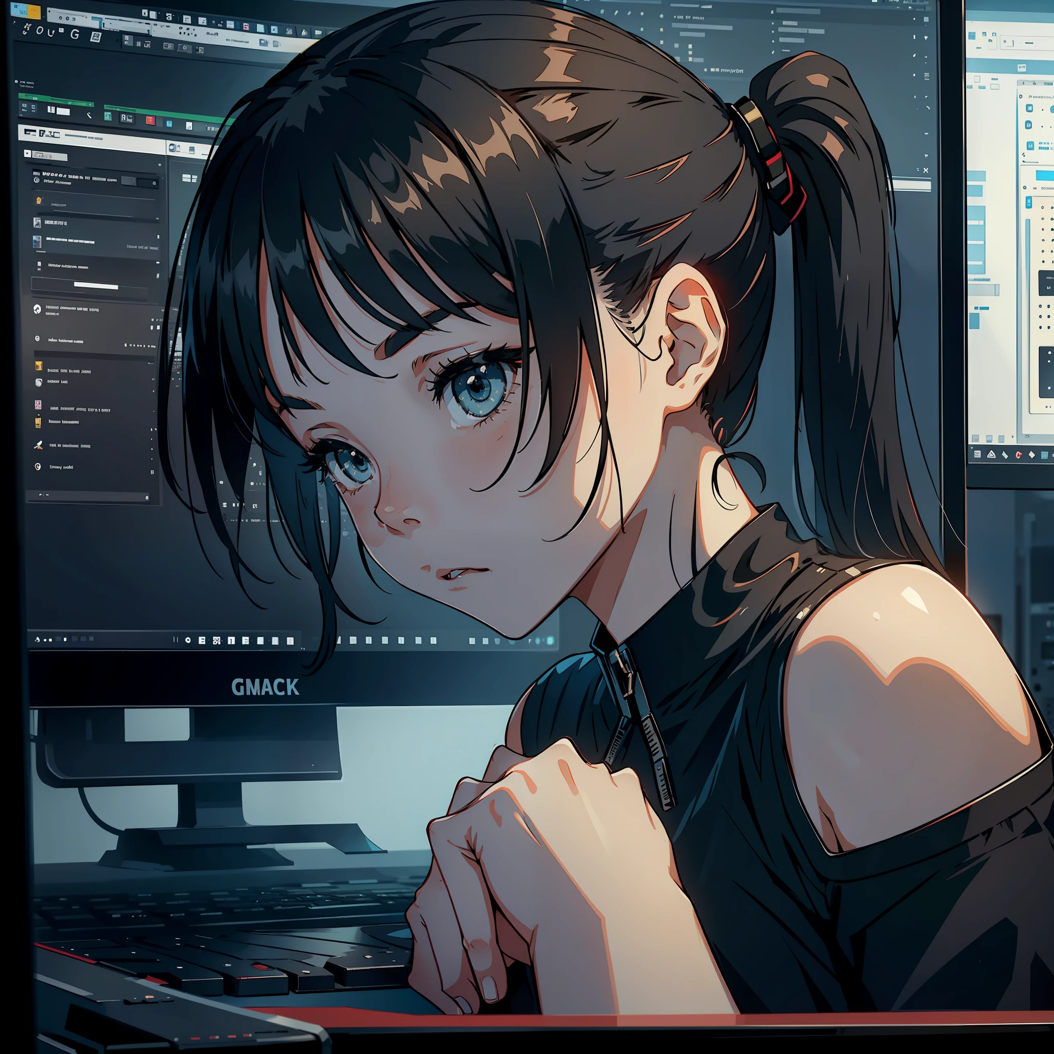 A girl in front of a computer screen, black dressed, ponytail, expression sad, sad