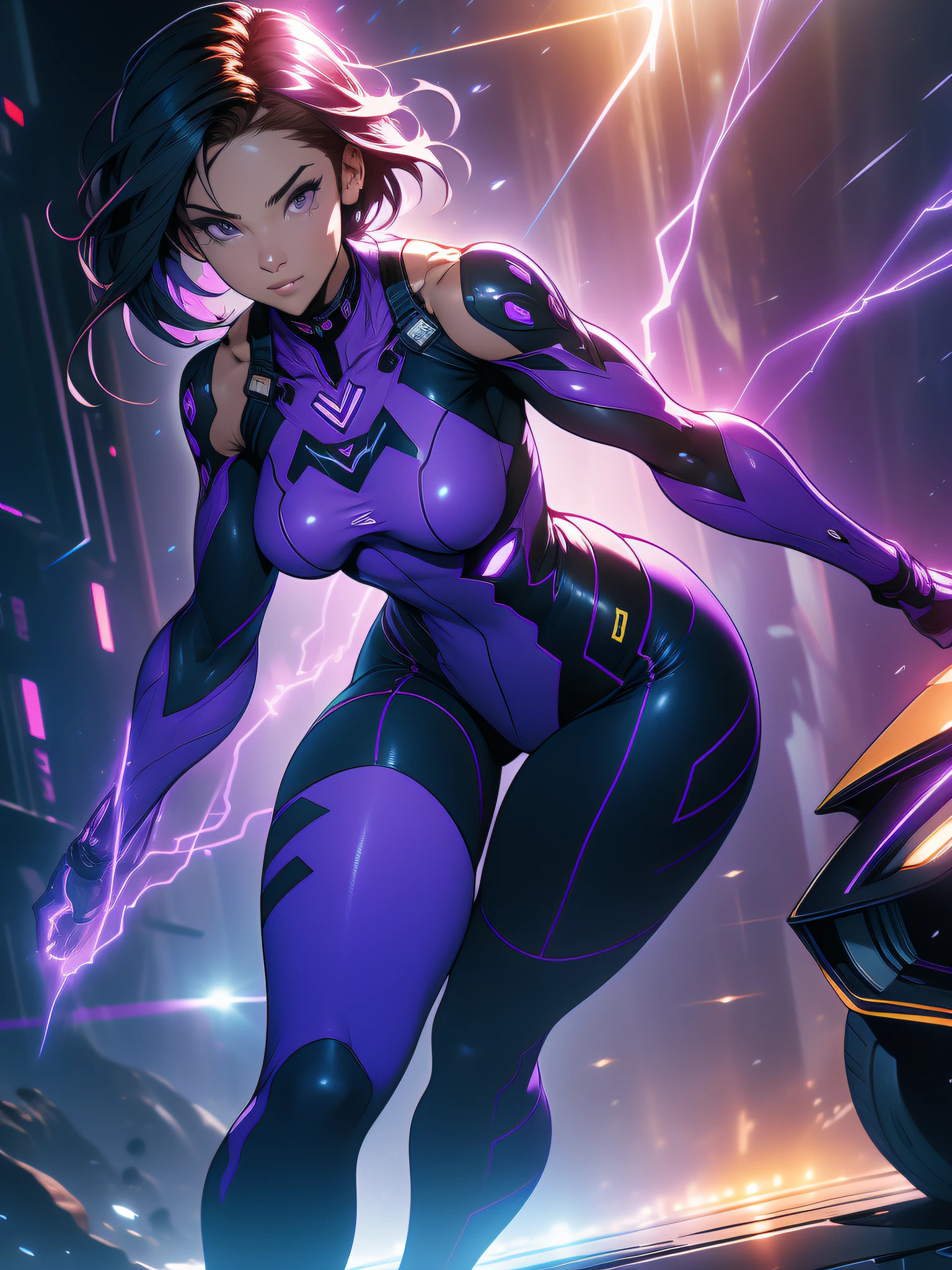 Txt2Img 14:55:06 ((Best quality)), ((masterpiece)), (detailed: 1.4), (Absurd), paper, colorful line art, perfect face, Hot Latina woman fighter pilot ready for war, dark skin, lightning and lightning, muscular sculptural body defined, Wolverine mask, (((full body))), half-thick naked thighs, closed mouth, muscular body covered in purple tech clothing, Neon Genesis Evangelion style, cyberpunk, generous neckline, ((perfect small breasts)), ((totally purple clothing with golden rays)), (((short dark purple straight hair)))), long and black eyelashes heavy makeup, garter belt, niji --V5, close to real, psychopath, crazy face, sexy pose, red and white background, 2 pieces clothing, centered, scale to fit dimensions, HDR (High Dynamic Range),Ray Tracing,NVIDIA RTX,Super-Resolution,Unreal 5, Subsurface Dispersion, PBR Texture, Post-processing, Anisotropic Filtering, Depth of Field, Maximum Clarity and Sharpness, Multilayer Textures, Albedo and Specular Maps, Surface Shading, Accurate Simulation of Light-Material Interaction, Perfect Proportions, Octane Render, Two-Tone Lighting, Wide Aperture, Low ISO, White Balance, Rule of Thirds, 8K RAW, Crysisnanosuit