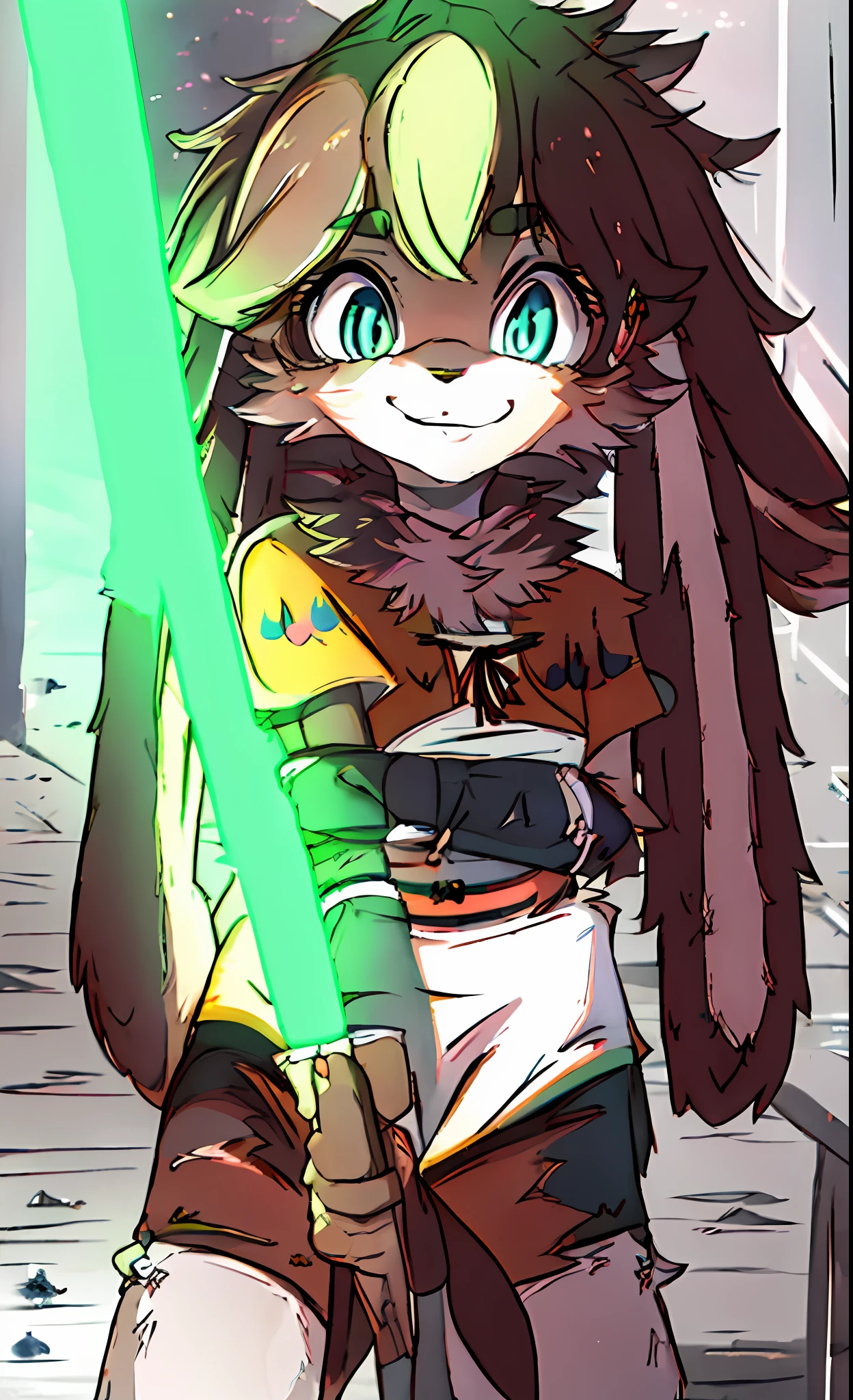 (masterpiece, best quality: 1.2), solo, 1girl, Lop, smile, looking at the viewer, lightsaber, hands on dark saber, green lightsaber, realistic lightsaber