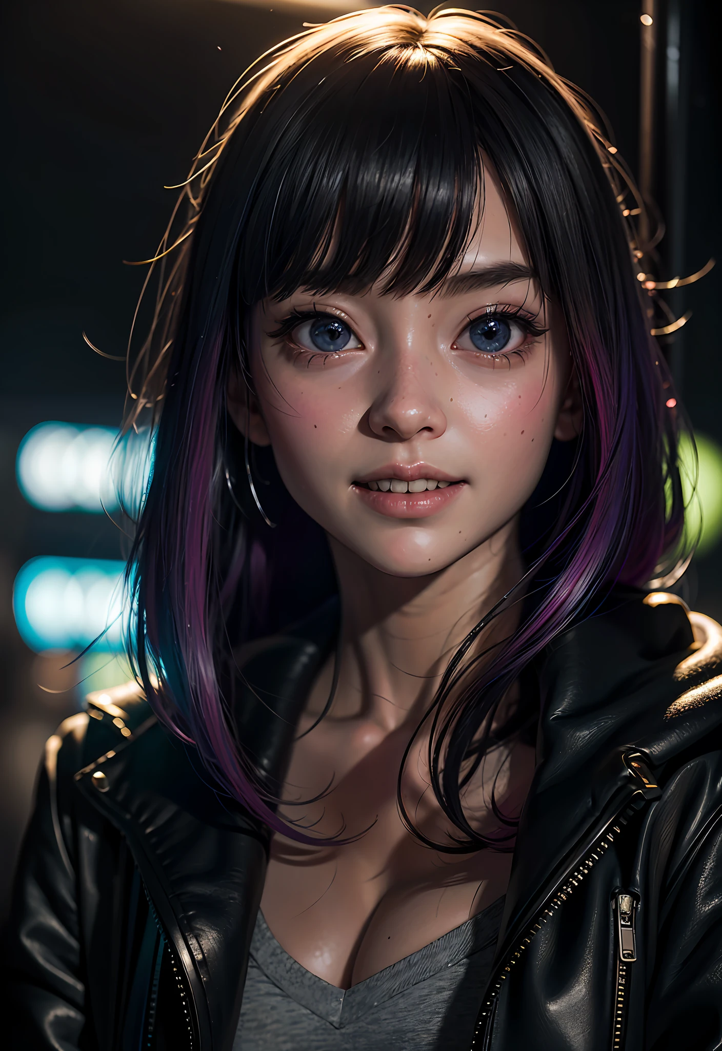 masterpiece, best quality, half body, portrait, night city, 1girl, anime, 3D, Japan, pixar, realistic, girl, smiling, cute face, harajuku fashion style, rain coat, beautiful, colourful, neon lights, cyberpunk, smooth skin, illustration, artstation, painting by stanley artgerm lau, sideways glance, foreshortening, extremely detailed 8K, smooth, high resolution, ultra quality, highly detail eyes, highly detail mouth, highly detailed face, perfect eyes, both eyes are the same, true light, glare, Iridescent, Global illumination, real hair movement, real light, real shadow, real face, hd, 2k, 4k, 8k, 16k, realistic light, realistic shadow, bright Eyes, fluorescent eyes, soft light, dream light