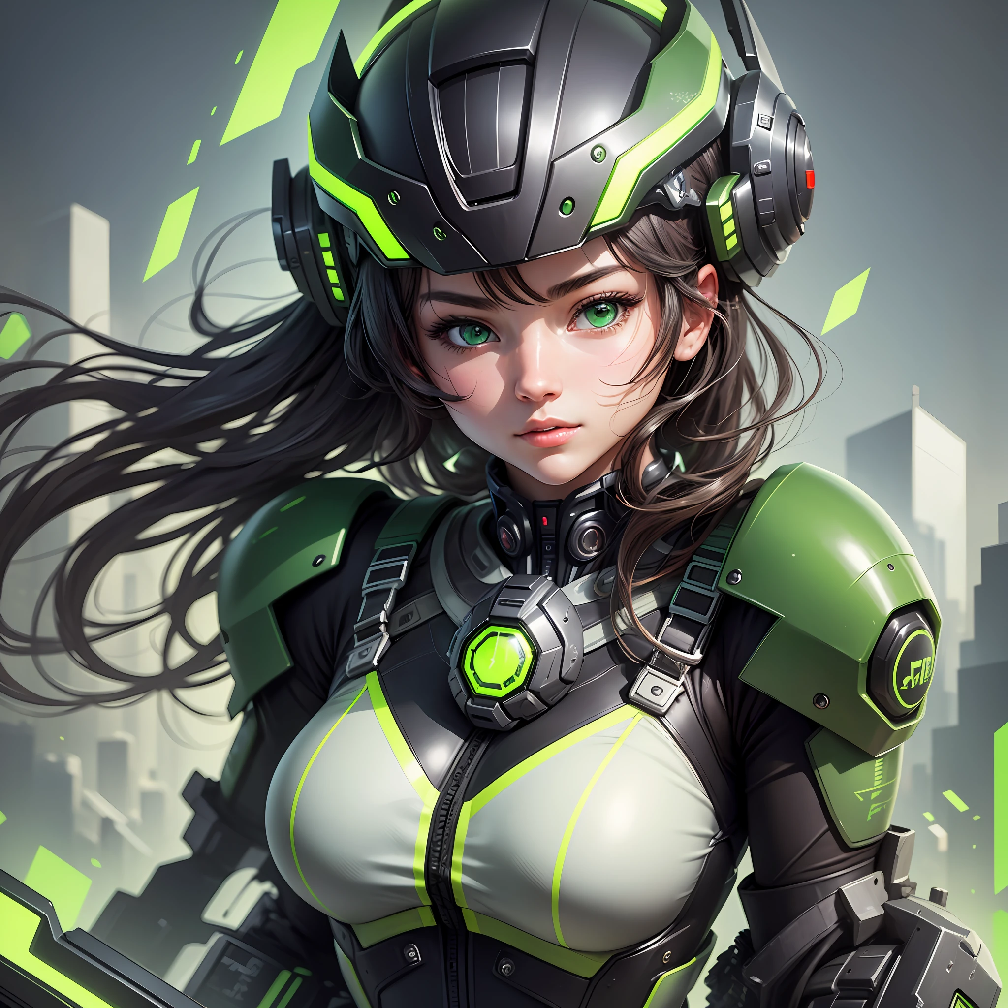 Highest image quality, outstanding details, ultra-high resolution, (realism: 1.4), the best illustration, favor details, highly condensed 1girl, with a delicate and beautiful face, dressed in a black and green mecha, wearing a mecha helmet, holding a directional controller, riding on a motorcycle, the background is a high-tech lighting scene of the future city. --auto --s2