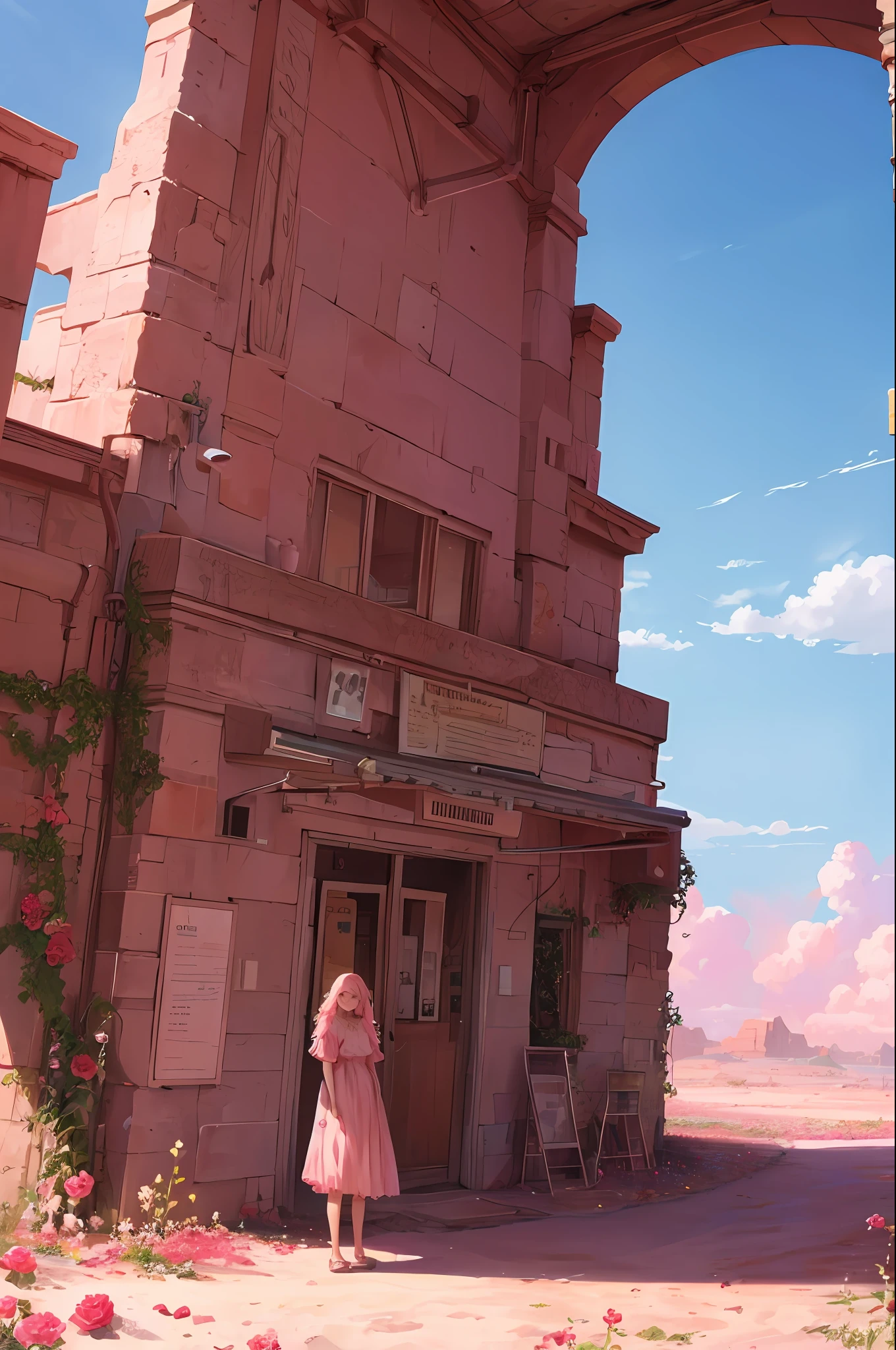 Summer, desert, pink clouds, a land overgrown with roses, James Gurney, art station rendering, ultra-wide lens, high definition