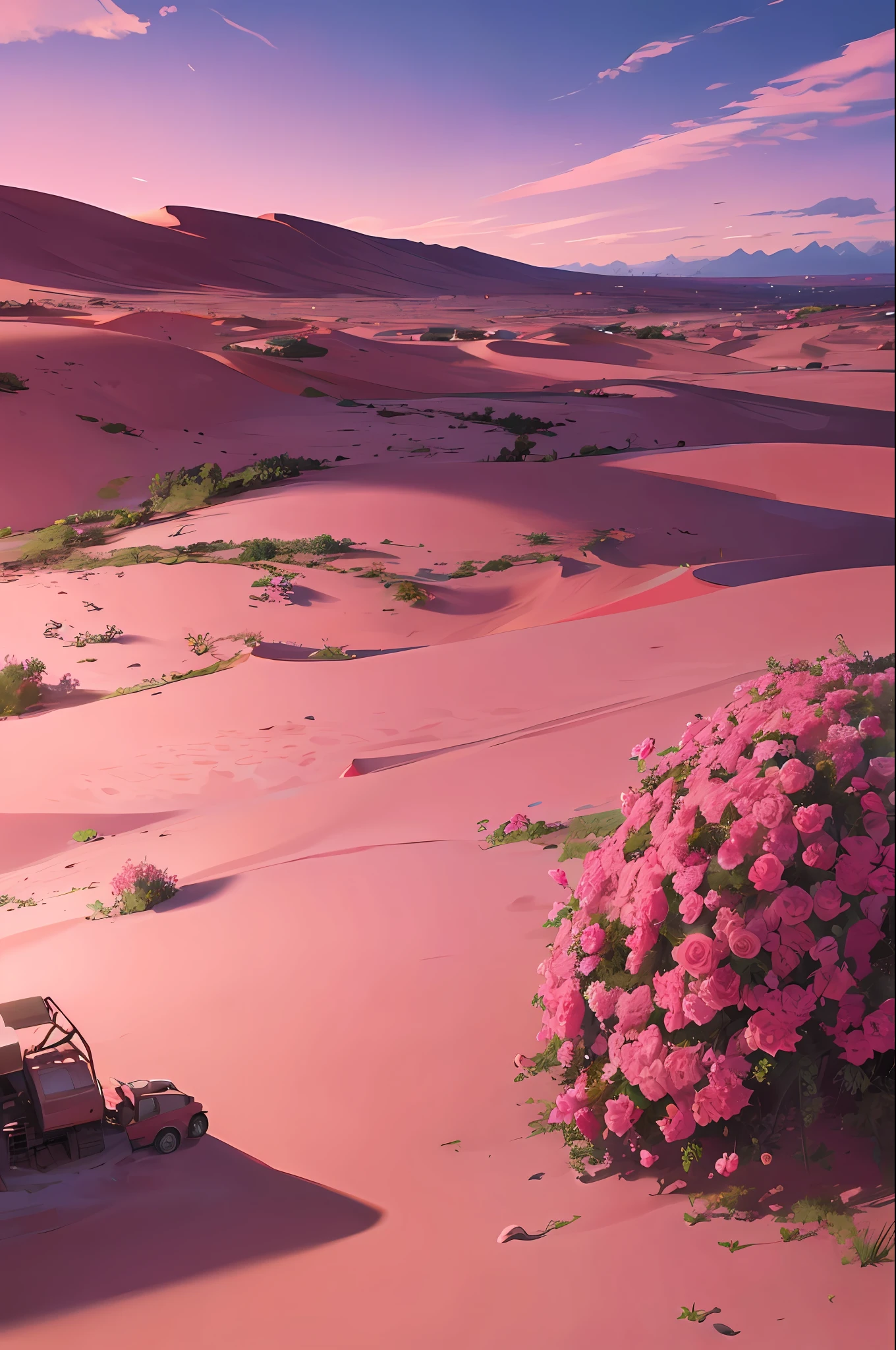 Summer, desert, pink clouds, a land overgrown with roses, James Gurney, art station rendering, ultra-wide lens, high definition