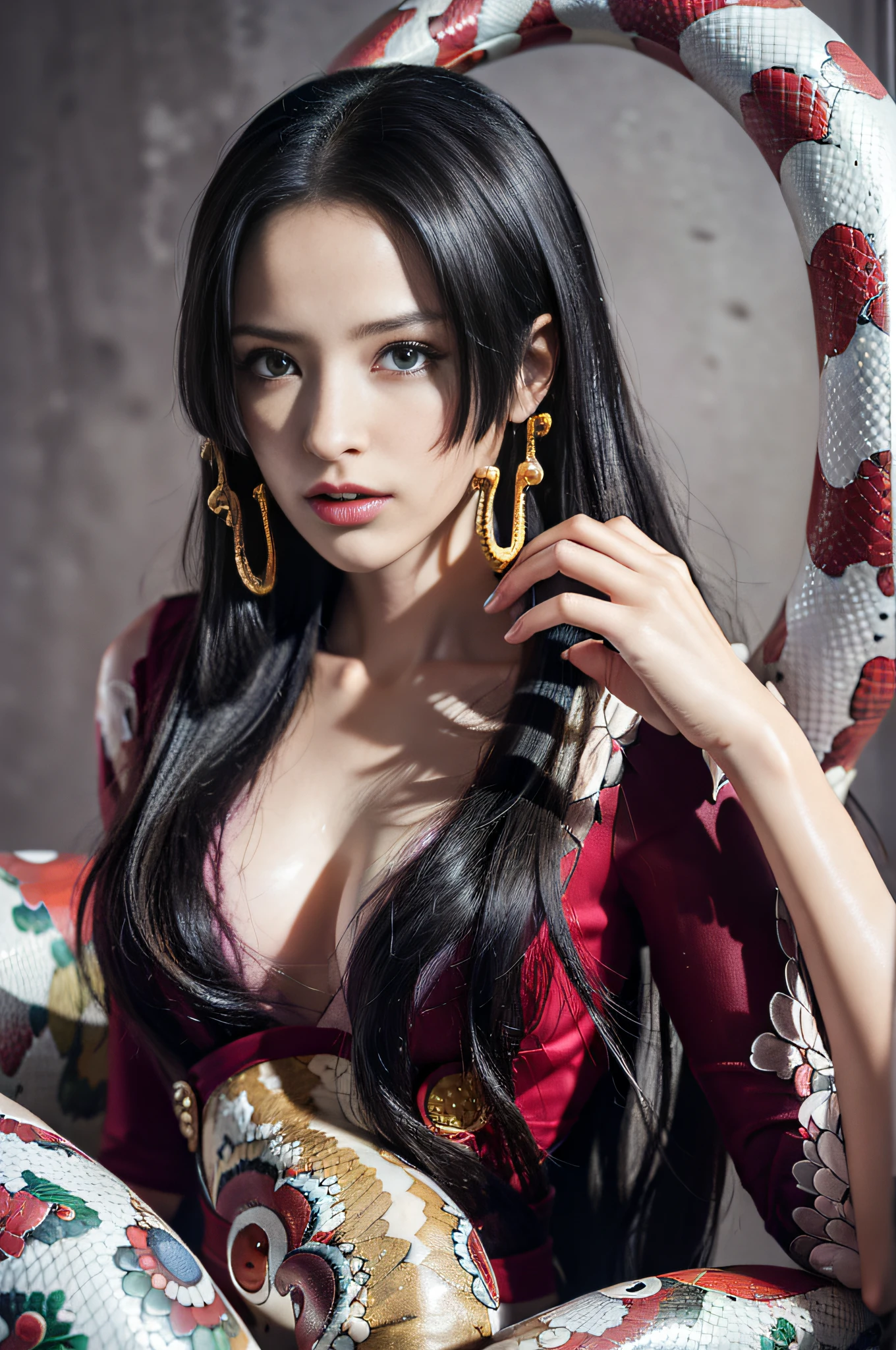 (((masterpiece+best quality+high resolution+ultra-detailed))), boa hancock, snake_skull, long silky black hair, high nose, sharp eyes, noble and inviolable temperament, (([female]: 1.2 + [beauty]: 1.2 + black long hair: 1.2)), snake background, bright eyes, dynamic angle and posture.