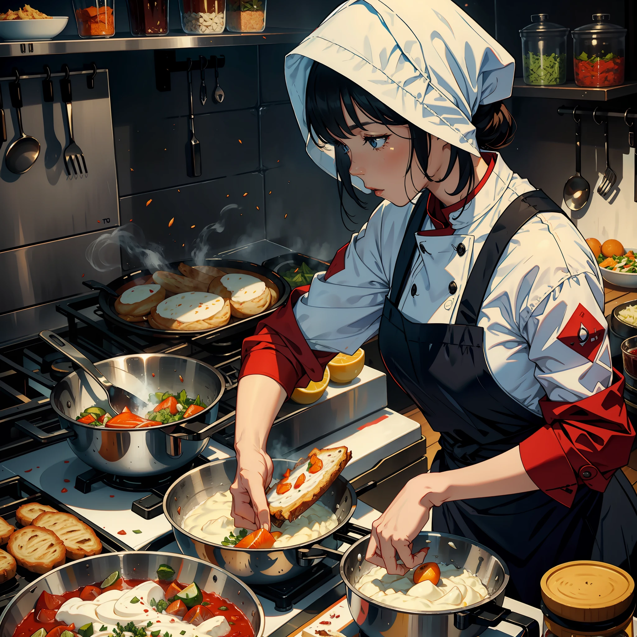 A woman cooking, bringing food to the table, children and men eating