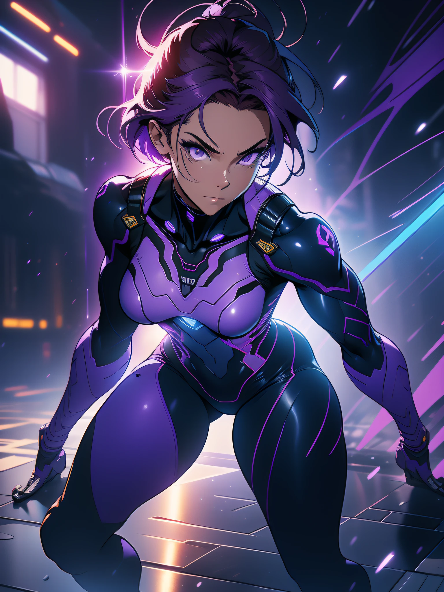 Txt2Img 14:55:06 ((Best quality)), ((masterpiece)), (detailed: 1.4), (Absurd), paper, colorful line art, perfect face, Hot Latina woman fighter pilot ready for war, dark skin, lightning and lightning, muscular sculptural body defined, Wolverine mask, (((full body))), half-thick naked thighs, closed mouth, muscular body covered in purple tech clothing, Neon Genesis Evangelion style, cyberpunk, generous neckline,  ((perfect small breasts)), ((totally purple clothing with golden rays)), (((short dark purple straight hair)))), long and black eyelashes heavy makeup, garter belt, niji --V5, close to real, psychopath, crazy face, sexy pose, red and white background, 2 pieces clothing, centered, scale to fit dimensions, HDR (High Dynamic Range),Ray Tracing,NVIDIA RTX,Super-Resolution,Unreal 5, Subsurface Dispersion, PBR Texture, Post-processing, Anisotropic Filtering, Depth of Field, Maximum Clarity and Sharpness, Multilayer Textures, Albedo and Specular Maps, Surface Shading, Accurate Simulation of Light-Material Interaction, Perfect Proportions, Octane Render, Two-Tone Lighting, Wide Aperture, Low ISO, White Balance, Rule of Thirds, 8K RAW, Crysisnanosuit