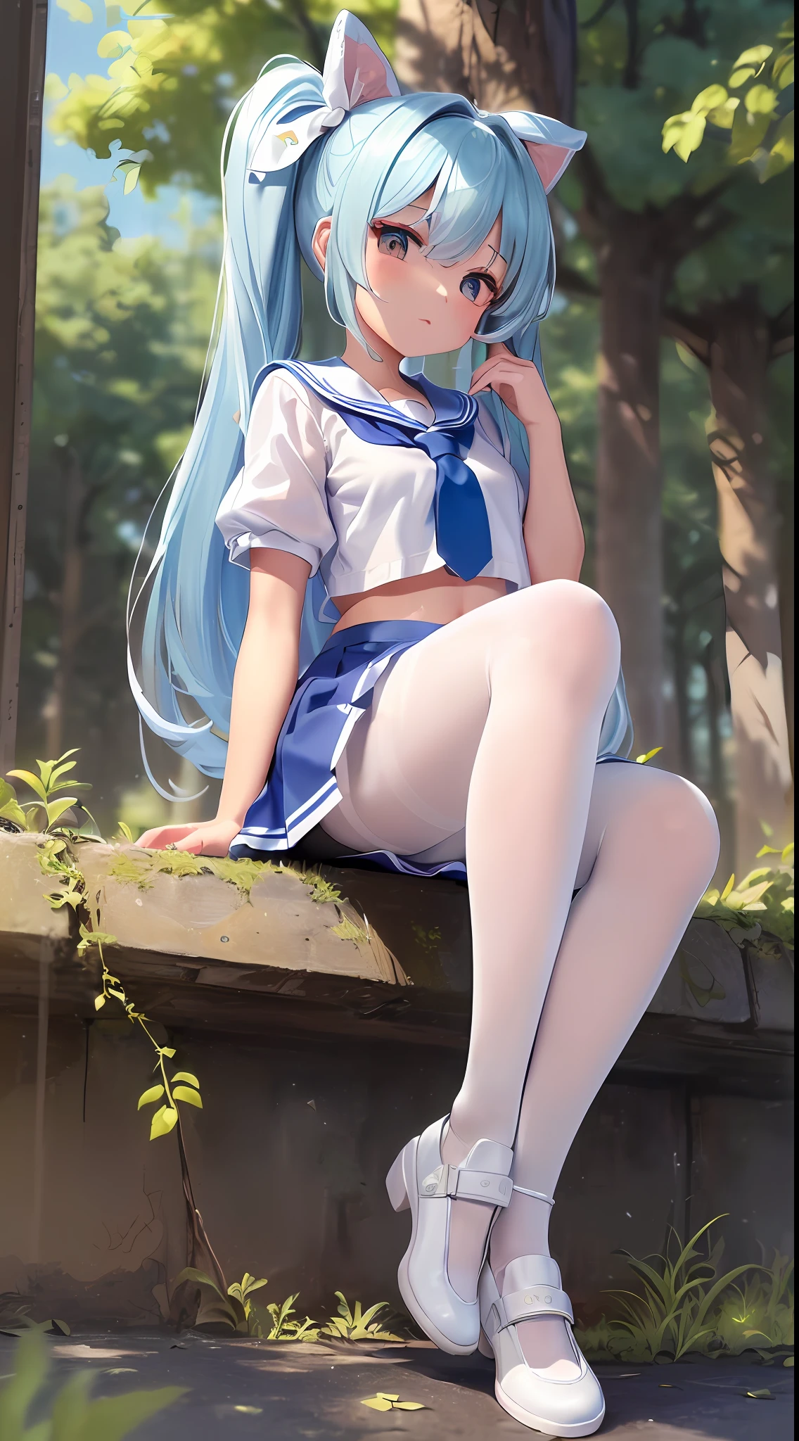 Masterpiece level, highest quality, little loli, white sailor suit, small leather shoes, double ponytail, seated, full body, ((cute), sexy, long blue hair, large, ultra-see-through, (thighband pantyhose, white pantyhose: 1.3), miniskirt, (textured skin, anatomically correct, masterpiece, UHD, ccurate, high details, super detail, high quality, best quality, highres, 1080P)), outdoors, (, skin radiance, skin quality: 1.6)