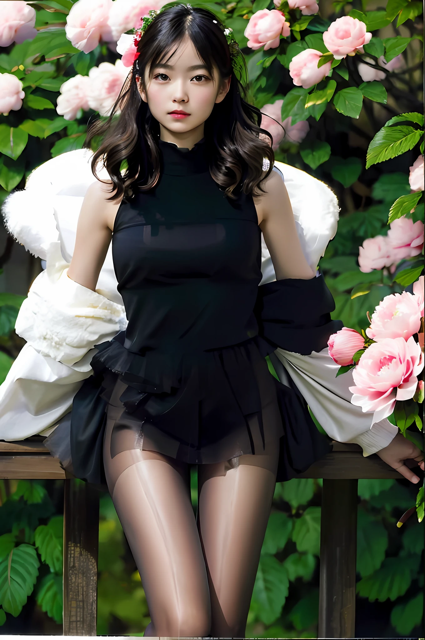 movie portrait photography, 1girl, correct body structure, perfect body, fair skin, pretty face, detailed face, blush, face, maid hair accessories, charming body, slim, wide hips, thin waist, high fork gym suit, black bra, black lace panties, busty with deep, black pantyhose, long legs, no skirt, stockings, thigh stockings, standing bench with full body photo, leg focus, fair skin with bare shoulder length, tranquility, calm, (realistic details, natural skin texture, Realistic Face Details), Soft Dramatic Lighting, Depth of Field, Bokeh, Vibble Detail, Fine Detail, Surrealism, 35mm Film, Hazy Blur, Film, 16k, Peony, Rose, Cherry Blossom, Rainforest, Lots of Flowers, Juice:1.3)