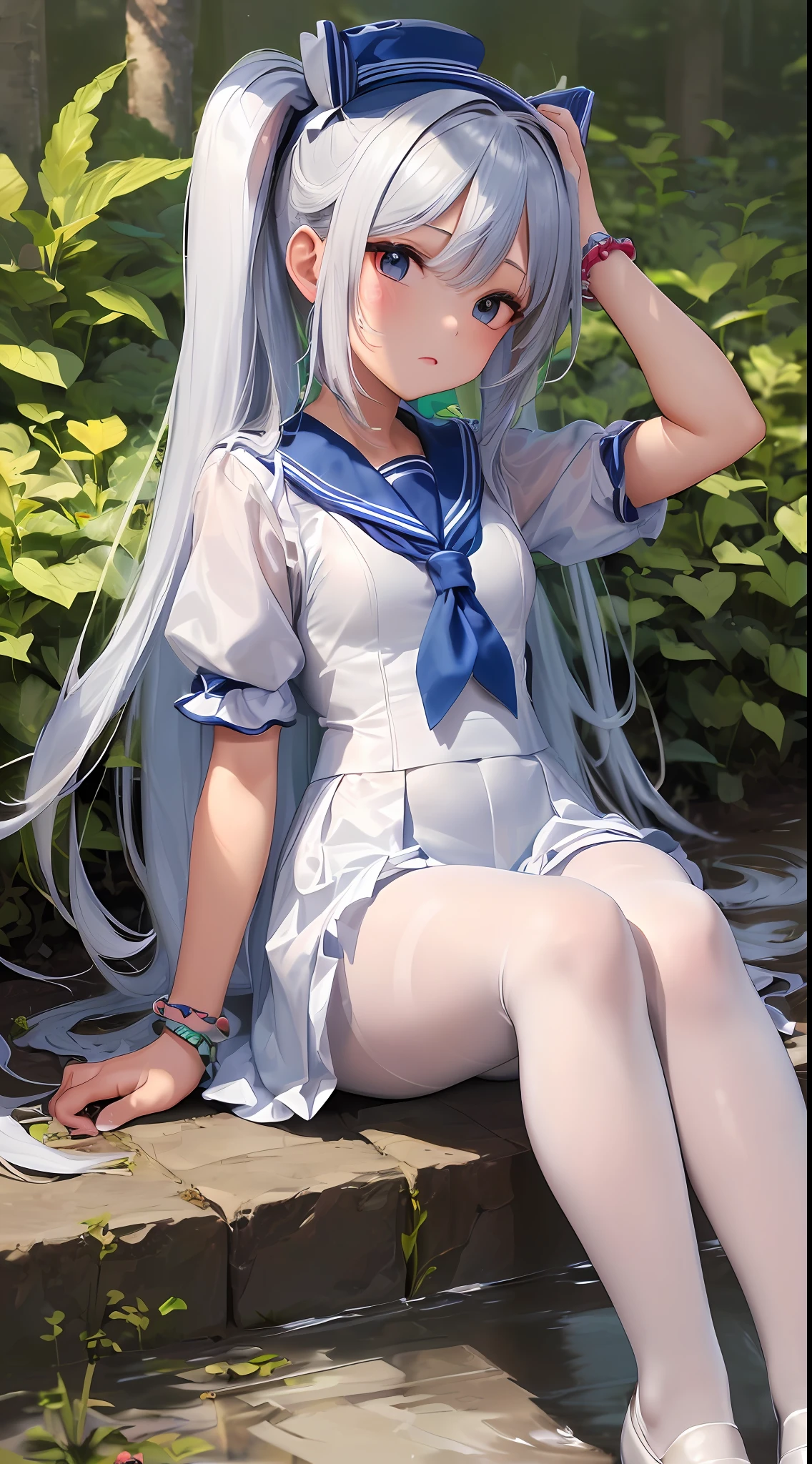 Masterpiece level, highest quality, little loli, white sailor suit, small leather shoes, double ponytail, seated, full body, ((cute), sexy, long blue hair, large, ultra-see-through, (thighband pantyhose, white pantyhose: 1.3), miniskirt, (textured skin, anatomically correct, masterpiece, UHD, ccurate, high details, super detail, high quality, best quality, highres, 1080P)), outdoors, (, skin radiance, skin quality: 1.6)